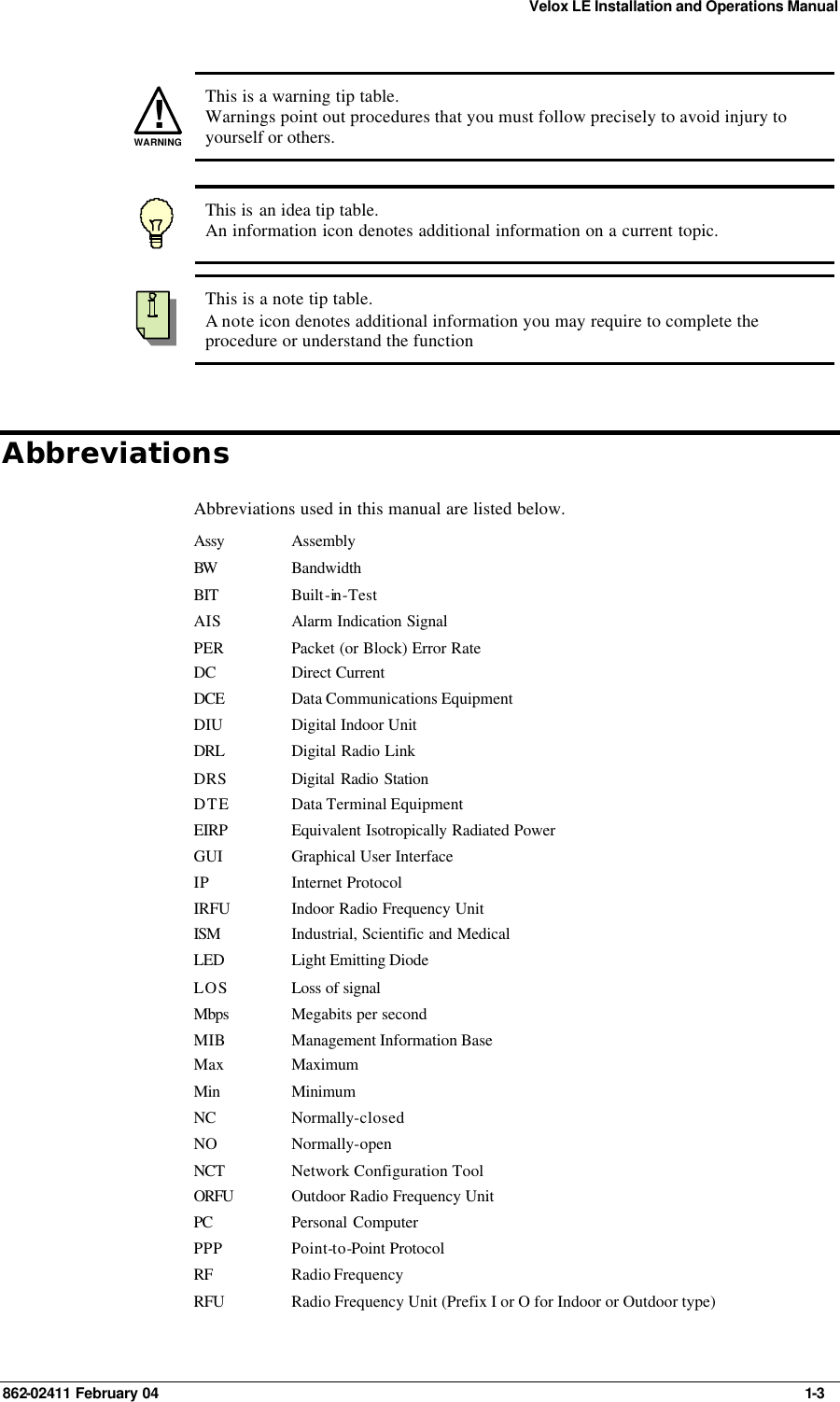 Velox LE Installation and Operations Manual 862-02411 February 04     1-3 cc  !WARNING This is a warning tip table. Warnings point out procedures that you must follow precisely to avoid injury to yourself or others.    This is an idea tip table. An information icon denotes additional information on a current topic.  This is a note tip table. A note icon denotes additional information you may require to complete the procedure or understand the function Abbreviations Abbreviations used in this manual are listed below. Assy Assembly BW  Bandwidth BIT  Built-in -Test AIS Alarm Indication Signal PER Packet (or Block) Error Rate DC Direct Current DCE Data Communications Equipment DIU Digital Indoor Unit DRL Digital Radio Link DRS Digital Radio Station DTE Data Terminal Equipment EIRP Equivalent Isotropically Radiated Power GUI Graphical User Interface IP Internet Protocol IRFU Indoor Radio Frequency Unit ISM Industrial, Scientific and Medical LED Light Emitting Diode  LOS Loss of signal Mbps Megabits per second MIB Management Information Base Max Maximum Min Minimum NC Normally-closed NO Normally-open NCT  Network Configuration Tool ORFU  Outdoor Radio Frequency Unit PC Personal Computer PPP Point-to-Point Protocol RF Radio Frequency RFU Radio Frequency Unit (Prefix I or O for Indoor or Outdoor type) 