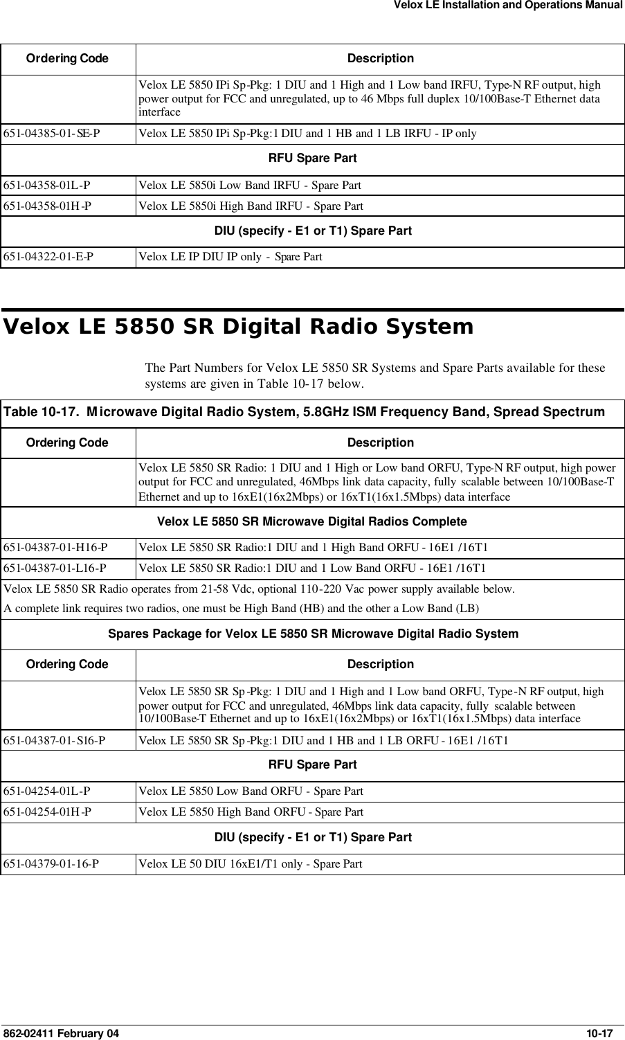 Velox LE Installation and Operations Manual 862-02411 February 04     10-17 Ordering Code  Description  Velox LE 5850 IPi Sp-Pkg: 1 DIU and 1 High and 1 Low band IRFU, Type-N RF output, high power output for FCC and unregulated, up to 46 Mbps full duplex 10/100Base-T Ethernet data interface 651-04385-01-SE-P Velox LE 5850 IPi Sp-Pkg:1 DIU and 1 HB and 1 LB IRFU - IP only RFU Spare Part 651-04358-01L-P Velox LE 5850i Low Band IRFU - Spare Part 651-04358-01H -P Velox LE 5850i High Band IRFU - Spare Part DIU (specify - E1 or T1) Spare Part 651-04322-01-E-P Velox LE IP DIU IP only - Spare Part Velox LE 5850 SR Digital Radio System The Part Numbers for Velox LE 5850 SR Systems and Spare Parts available for these systems are given in Table 10-17 below. Table 10-17.  Microwave Digital Radio System, 5.8GHz ISM Frequency Band, Spread Spectrum  Ordering Code  Description  Velox LE 5850 SR Radio: 1 DIU and 1 High or Low band ORFU, Type-N RF output, high power output for FCC and unregulated, 46Mbps link data capacity, fully scalable between 10/100Base-T Ethernet and up to 16xE1(16x2Mbps) or 16xT1(16x1.5Mbps) data interface Velox LE 5850 SR Microwave Digital Radios Complete 651-04387-01-H16-P Velox LE 5850 SR Radio:1 DIU and 1 High Band ORFU - 16E1 /16T1 651-04387-01-L16-P Velox LE 5850 SR Radio:1 DIU and 1 Low Band ORFU - 16E1 /16T1 Velox LE 5850 SR Radio operates from 21-58 Vdc, optional 110-220 Vac power supply available below. A complete link requires two radios, one must be High Band (HB) and the other a Low Band (LB)  Spares Package for Velox LE 5850 SR Microwave Digital Radio System  Ordering Code  Description  Velox LE 5850 SR Sp -Pkg: 1 DIU and 1 High and 1 Low band ORFU, Type-N RF output, high power output for FCC and unregulated, 46Mbps link data capacity, fully  scalable between 10/100Base-T Ethernet and up to 16xE1(16x2Mbps) or 16xT1(16x1.5Mbps) data interface 651-04387-01-S16-P Velox LE 5850 SR Sp -Pkg:1 DIU and 1 HB and 1 LB ORFU - 16E1 /16T1 RFU Spare Part 651-04254-01L-P Velox LE 5850 Low Band ORFU - Spare Part 651-04254-01H -P Velox LE 5850 High Band ORFU - Spare Part  DIU (specify - E1 or T1) Spare Part 651-04379-01-16-P Velox LE 50 DIU 16xE1/T1 only - Spare Part 