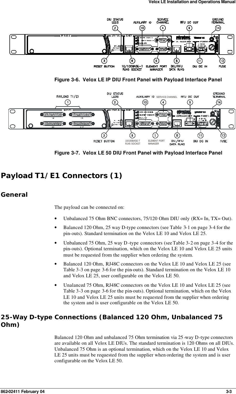 Velox LE Installation and Operations Manual 862-02411 February 04     3-3  Figure 3-6.  Velox LE IP DIU Front Panel with Payload Interface Panel  10/100BASE-TRJ45 SOCKET ELEMENT PORTMANAGERSERVICE CHANNEL Figure 3-7.  Velox LE 50 DIU Front Panel with Payload Interface Panel Payload T1/E1 Connectors (1) General The payload can be connected on: • Unbalanced 75 Ohm BNC connectors, 75/120 Ohm DIU only (RX= In, TX= Out). • Balanced 120 Ohm, 25 way D-type connectors (see Table 3-1 on page 3-4 for the pin-outs). Standard termination on the Velox LE 10 and Velox LE 25. • Unbalanced 75 Ohm, 25 way D -type connectors (see Table 3-2 on page 3-4 for the pin-outs). Optional termination, which on the Velox LE 10 and Velox LE 25 units must be requested from the supplier when ordering the system. • Balanced 120 Ohm, RJ48C connectors on the Velox LE 10 and Velox LE 25 (see Table 3-3 on page 3-6 for the pin-outs). Standard termination on the Velox LE 10 and Velox LE 25, user configurable on the Velox LE 50. • Unalanced 75 Ohm, RJ48C connectors on the Velox LE 10 and Velox LE 25 (see Table 3-3 on page 3-6 for the pin-outs). Optional termination, which on the Velox LE 10 and Velox LE 25 units must be requested from the supplier when ordering the system and is user configurable on the Velox LE 50. 25-Way D-type Connections (Balanced 120 Ohm, Unbalanced 75 Ohm) Balanced 120 Ohm and unbalanced 75 Ohm termination via 25 -way D-type connectors are available on all Velox LE DIUs. The standard termination is 120 Ohms on all DIUs. Unbalanced 75 Ohm is an optional termination, which on the Velox LE 10 and Velox LE 25 units must be requested from the supplier when ordering the system and is user configurable on the Velox LE 50.   