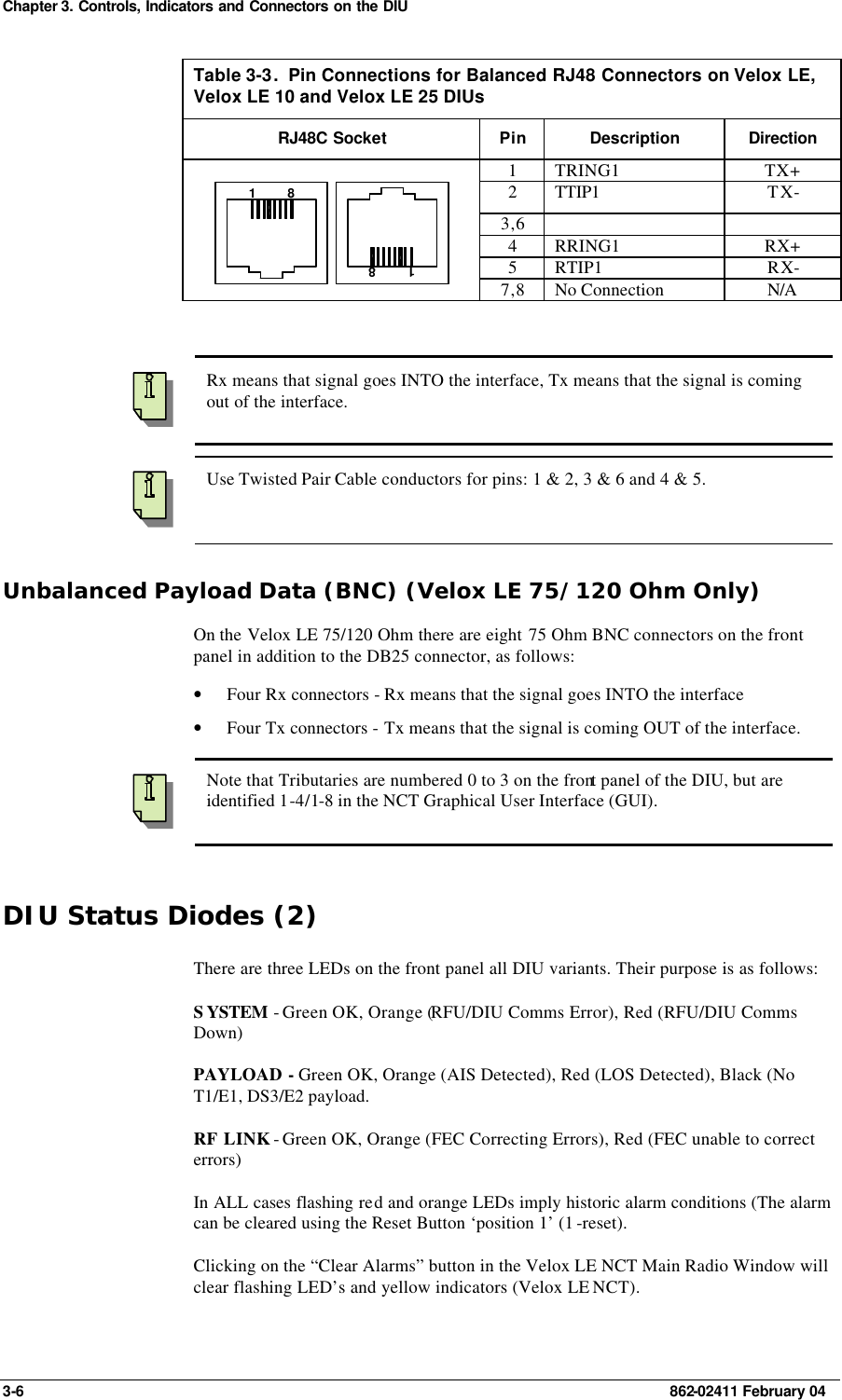 Chapter 3. Controls, Indicators and Connectors on the DIU 3-6    862-02411 February 04 Table 3-3.  Pin Connections for Balanced RJ48 Connectors on Velox LE, Velox LE 10 and Velox LE 25 DIUs RJ48C Socket Pin Description Direction 1 TRING1 TX+ 2 TTIP1 TX- 3,6     4 RRING1 RX+ 5 RTIP1 RX-  1         81         8 7,8 No Connection  N/A      Rx means that signal goes INTO the interface, Tx means that the signal is coming out of the interface.  Use Twisted Pair Cable conductors for pins: 1 &amp; 2, 3 &amp; 6 and 4 &amp; 5. Unbalanced Payload Data (BNC) (Velox LE 75/120 Ohm Only) On the Velox LE 75/120 Ohm there are eight 75 Ohm BNC connectors on the front panel in addition to the DB25 connector, as follows: • Four Rx connectors - Rx means that the signal goes INTO the interface • Four Tx connectors - Tx means that the signal is coming OUT of the interface.    Note that Tributaries are numbered 0 to 3 on the front panel of the DIU, but are identified 1-4/1-8 in the NCT Graphical User Interface (GUI). DIU Status Diodes (2) There are three LEDs on the front panel all DIU variants. Their purpose is as follows: SYSTEM - Green OK, Orange (RFU/DIU Comms Error), Red (RFU/DIU Comms Down)   PAYLOAD - Green OK, Orange (AIS Detected), Red (LOS Detected), Black (No T1/E1, DS3/E2 payload. RF LINK - Green OK, Orange (FEC Correcting Errors), Red (FEC unable to correct errors) In ALL cases flashing red and orange LEDs imply historic alarm conditions (The alarm can be cleared using the Reset Button ‘position 1’ (1 -reset). Clicking on the “Clear Alarms” button in the Velox LE NCT Main Radio Window will clear flashing LED’s and yellow indicators (Velox LE NCT). 