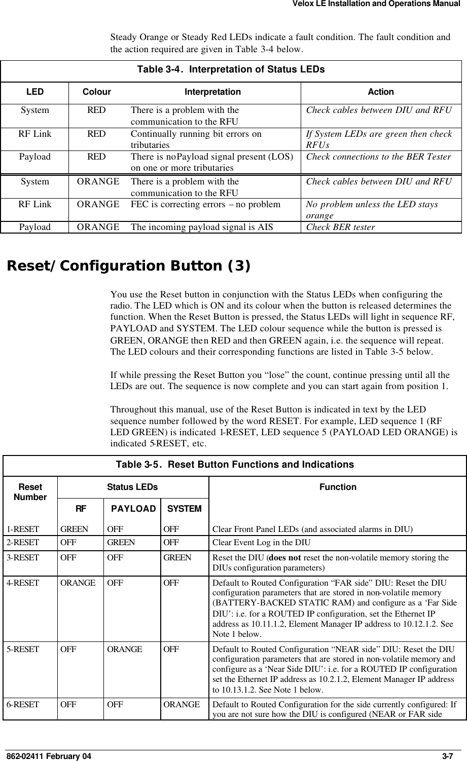 Velox LE Installation and Operations Manual 862-02411 February 04     3-7 Steady Orange or Steady Red LEDs indicate a fault condition. The fault condition and the action required are given in Table  3-4 below. Table 3-4.  Interpretation of Status LEDs LED Colour Interpretation Action System RED There is a problem with the communication to the RFU Check cables between DIU and RFU RF Link RED Continually running bit errors on tributaries If System LEDs are green then check RFUs Payload RED There is no Payload signal present (LOS) on one or more tributaries Check connections to the BER Tester  System ORANGE There is a problem with the communication to the RFU Check cables between DIU and RFU RF Link ORANGE FEC is correcting errors – no problem No problem unless the LED stays orange Payload ORANGE The incoming payload signal is AIS Check BER tester Reset/Configuration Button (3) You use the Reset button in conjunction with the Status LEDs when configuring the radio. The LED which is ON and its colour when the button is released determines the function. When the Reset Button is pressed, the Status LEDs will light in sequence RF, PAYLOAD and SYSTEM. The LED colour sequence while the button is pressed is GREEN, ORANGE then RED and then GREEN again, i.e. the sequence will repeat. The LED colours and their corresponding functions are listed in Table  3-5 below.  If while pressing the Reset Button you “lose” the count, continue pressing until all the LEDs are out. The sequence is now complete and you can start again from position 1. Throughout this manual, use of the Reset Button is indicated in text by the LED sequence number followed by the word RESET. For example, LED sequence 1 (RF LED GREEN) is indicated 1-RESET, LED sequence 5 (PAYLOAD LED ORANGE) is indicated 5-RESET, etc. Table 3-5.  Reset Button Functions and Indications Status LEDs  Reset Number RF PAYLOAD SYSTEM  Function 1-RESET  GREEN  OFF OFF Clear Front Panel LEDs (and associated alarms in DIU) 2-RESET  OFF GREEN  OFF Clear Event Log in the DIU  3-RESET  OFF OFF GREEN  Reset the DIU (does not reset the non-volatile memory storing the DIUs configuration parameters) 4-RESET  ORANGE  OFF OFF Default to Routed Configuration “FAR side” DIU: Reset the DIU configuration parameters that are stored in non-volatile memory (BATTERY-BACKED STATIC RAM) and configure as a ‘Far Side DIU’: i.e. for a ROUTED IP configuration, set the Ethernet IP address as 10.11.1.2, Element Manager IP address to 10.12.1.2. See Note 1 below. 5-RESET  OFF ORANGE  OFF Default to Routed Configuration “NEAR side” DIU: Reset the DIU configuration parameters that are stored in non-volatile memory and configure as a ‘Near Side DIU’: i.e. for a ROUTED IP configuration set the Ethernet IP address as 10.2.1.2, Element Manager IP address to 10.13.1.2. See Note 1 below. 6-RESET  OFF OFF ORANGE Default to Routed Configuration for the side currently configured: If you are not sure how the DIU is configured (NEAR or FAR side 