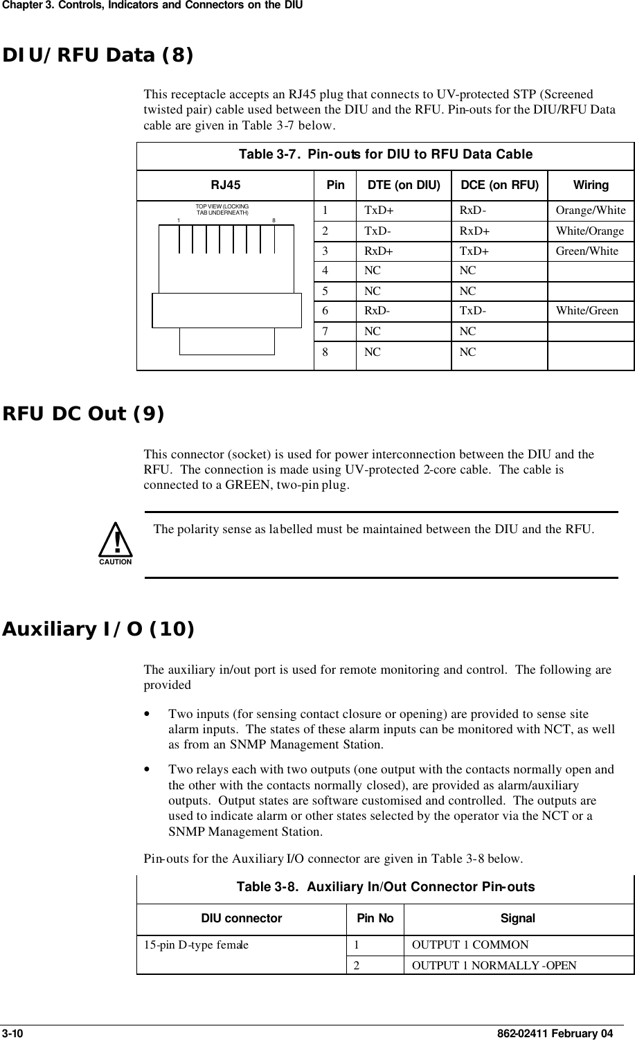 Chapter 3. Controls, Indicators and Connectors on the DIU 3-10    862-02411 February 04 DIU/RFU Data (8) This receptacle accepts an RJ45 plug that connects to UV-protected STP (Screened twisted pair) cable used between the DIU and the RFU. Pin-outs for the DIU/RFU Data cable are given in Table  3-7 below. Table 3-7.  Pin-outs for DIU to RFU Data Cable RJ45 Pin DTE (on DIU) DCE (on RFU) Wiring 1 TxD+ RxD- Orange/White 2 TxD-   RxD+ White/Orange  3 RxD+ TxD+ Green/White  4 NC NC   5 NC NC   6 RxD- TxD- White/Green 7 NC NC   1 8TOP VIEW (LOCKINGTAB UNDERNEATH) 8 NC NC   RFU DC Out (9) This connector (socket) is used for power interconnection between the DIU and the RFU.  The connection is made using UV-protected 2-core cable.  The cable is connected to a GREEN, two-pin plug.     !CAUTION  The polarity sense as labelled must be maintained between the DIU and the RFU. Auxiliary I/O (10) The auxiliary in/out port is used for remote monitoring and control.  The following are provided • Two inputs (for sensing contact closure or opening) are provided to sense site alarm inputs.  The states of these alarm inputs can be monitored with NCT, as well as from an SNMP Management Station. • Two relays each with two outputs (one output with the contacts normally open and the other with the contacts normally closed), are provided as alarm/auxiliary outputs.  Output states are software customised and controlled.  The outputs are used to indicate alarm or other states selected by the operator via the NCT or a SNMP Management Station. Pin-outs for the Auxiliary I/O connector are given in Table 3-8 below. Table 3-8.  Auxiliary In/Out Connector Pin-outs DIU connector Pin No Signal 1 OUTPUT 1 COMMON 15-pin D-type female  2 OUTPUT 1 NORMALLY -OPEN  