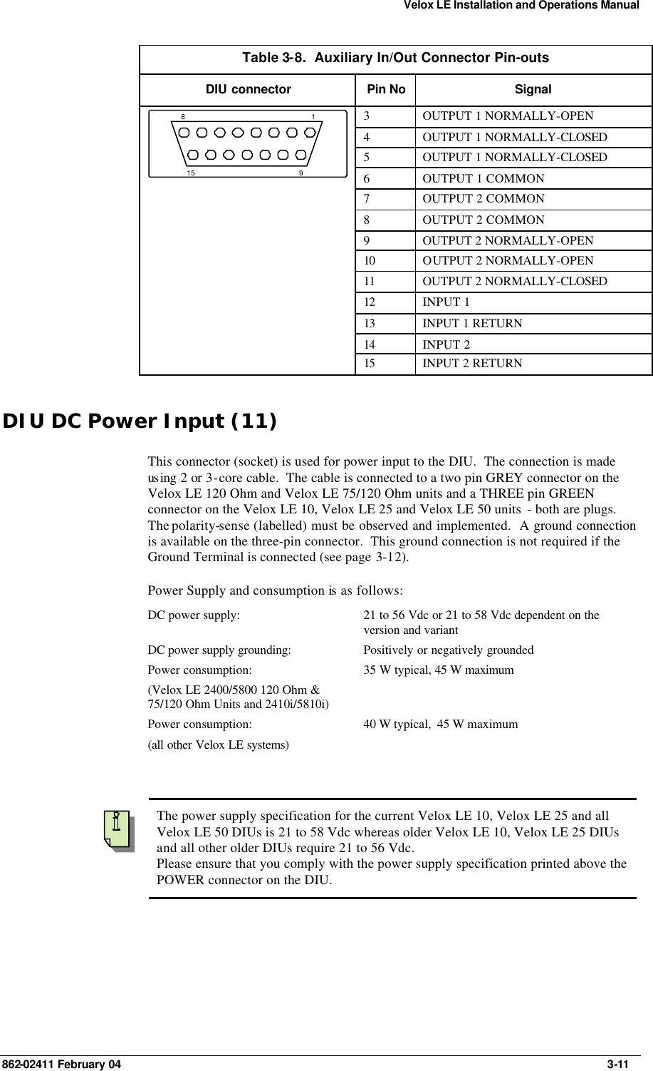 Velox LE Installation and Operations Manual 862-02411 February 04     3-11 Table 3-8.  Auxiliary In/Out Connector Pin-outs DIU connector Pin No Signal 3 OUTPUT 1 NORMALLY-OPEN 4 OUTPUT 1 NORMALLY-CLOSED 5 OUTPUT 1 NORMALLY-CLOSED 6 OUTPUT 1 COMMON 7 OUTPUT 2 COMMON 8 OUTPUT 2 COMMON 9 OUTPUT 2 NORMALLY-OPEN 10 OUTPUT 2 NORMALLY-OPEN 11 OUTPUT 2 NORMALLY-CLOSED 12 INPUT 1 13 INPUT 1 RETURN 14 INPUT 2 18915 15 INPUT 2 RETURN DIU DC Power Input (11) This connector (socket) is used for power input to the DIU.  The connection is made us ing 2 or 3-core cable.  The cable is connected to a two pin GREY connector on the Velox LE 120 Ohm and Velox LE 75/120 Ohm units and a THREE pin GREEN connector on the Velox LE 10, Velox LE 25 and Velox LE 50 units  - both are plugs.  The polarity-sense (labelled) must be observed and implemented.  A ground connection is available on the three-pin connector.  This ground connection is not required if the Ground Terminal is connected (see page 3-12). Power Supply and consumption is as follows: DC power supply: 21 to 56 Vdc or 21 to 58 Vdc dependent on the version and variant DC power supply grounding: Positively or negatively grounded Power consumption: (Velox LE 2400/5800 120 Ohm &amp; 75/120 Ohm Units and 2410i/5810i) 35 W typical, 45 W maximum  Power consumption: (all other Velox LE systems)  40 W typical,  45 W maximum     The power supply specification for the current Velox LE 10, Velox LE 25 and all Velox LE 50 DIUs is 21 to 58 Vdc whereas older Velox LE 10, Velox LE 25 DIUs and all other older DIUs require 21 to 56 Vdc. Please ensure that you comply with the power supply specification printed above the POWER connector on the DIU. 