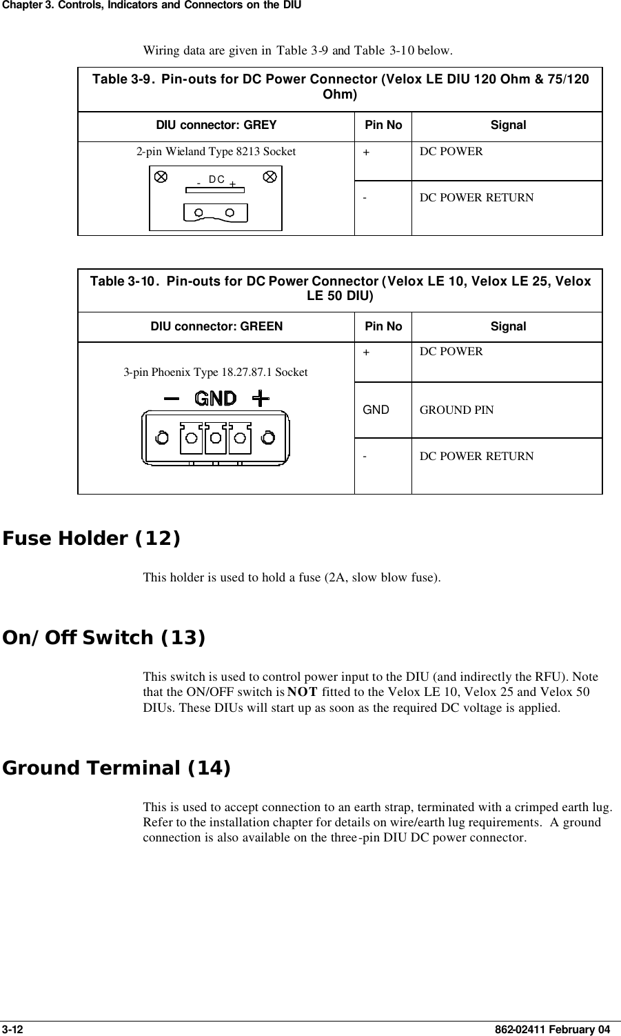 Chapter 3. Controls, Indicators and Connectors on the DIU 3-12    862-02411 February 04 Wiring data are given in Table 3-9 and Table  3-10 below. Table 3-9.  Pin-outs for DC Power Connector (Velox LE DIU 120 Ohm &amp; 75/120 Ohm) DIU connector: GREY  Pin No Signal +  DC POWER  2-pin Wieland Type 8213 Socket -+DC -  DC POWER RETURN   Table 3-10 .  Pin-outs for DC Power Connector (Velox LE 10, Velox LE 25, Velox LE 50 DIU) DIU connector: GREEN Pin No Signal +  DC POWER  GND GROUND PIN 3-pin Phoenix Type 18.27.87.1 Socket   -  DC POWER RETURN  Fuse Holder (12) This holder is used to hold a fuse (2A, slow blow fuse). On/Off Switch (13) This switch is used to control power input to the DIU (and indirectly the RFU). Note that the ON/OFF switch is NOT fitted to the Velox LE 10, Velox 25 and Velox 50 DIUs. These DIUs will start up as soon as the required DC voltage is applied. Ground Terminal (14) This is used to accept connection to an earth strap, terminated with a crimped earth lug.   Refer to the installation chapter for details on wire/earth lug requirements.  A ground connection is also available on the three-pin DIU DC power connector. 