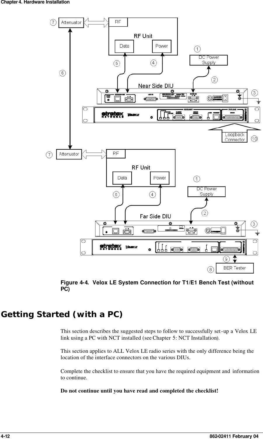 Chapter 4. Hardware Installation 4-12    862-02411 February 04  Figure 4-4.  Velox LE System Connection for T1/E1 Bench Test (without PC) Getting Started (with a PC) This section describes the suggested steps to follow to successfully set-up a Velox LE link using a PC with NCT installed (see Chapter 5: NCT Installation).  This section applies to ALL Velox LE radio series with the only difference being the location of the interface connectors on the various DIUs. Complete the checklist to ensure that you have the required equipment and  information to continue. Do not continue until you have read and completed the checklist! 