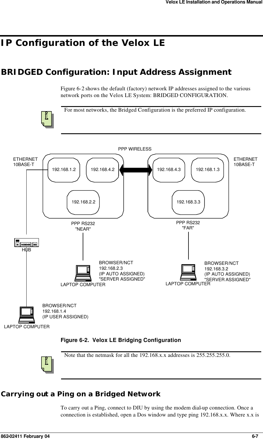 Velox LE Installation and Operations Manual 862-02411 February 04     6-7 IP Configuration of the Velox LE BRIDGED Configuration: Input Address Assignment Figure 6-2 shows the default (factory) network IP addresses assigned to the various network ports on the Velox LE System: BRIDGED CONFIGURATION.      For most networks, the Bridged Configuration is the preferred IP configuration. HUBLAPTOP COMPUTER192.168.1.2192.168.2.2192.168.4.2 192.168.4.3192.168.3.3192.168.1.3PPP WIRELESSETHERNET10BASE-T ETHERNET10BASE-TLAPTOP COMPUTERPPP RS232&quot;NEAR&quot;LAPTOP COMPUTERPPP RS232&quot;FAR&quot;BROWSER/NCT192.168.3.2(IP AUTO ASSIGNED)&quot;SERVER ASSIGNED&quot;BROWSER/NCT192.168.1.4(IP USER ASSIGNED)BROWSER/NCT192.168.2.3(IP AUTO ASSIGNED)&quot;SERVER ASSIGNED&quot; Figure 6-2.  Velox LE Bridging Configuration    Note that the netmask for all the 192.168.x.x addresses is 255.255.255.0. Carrying out a Ping on a Bridged Network To carry out a Ping, connect to DIU by using the modem dial-up connection. Once a connection is established, open a Dos window and type ping 192.168.x.x. Where x.x is 