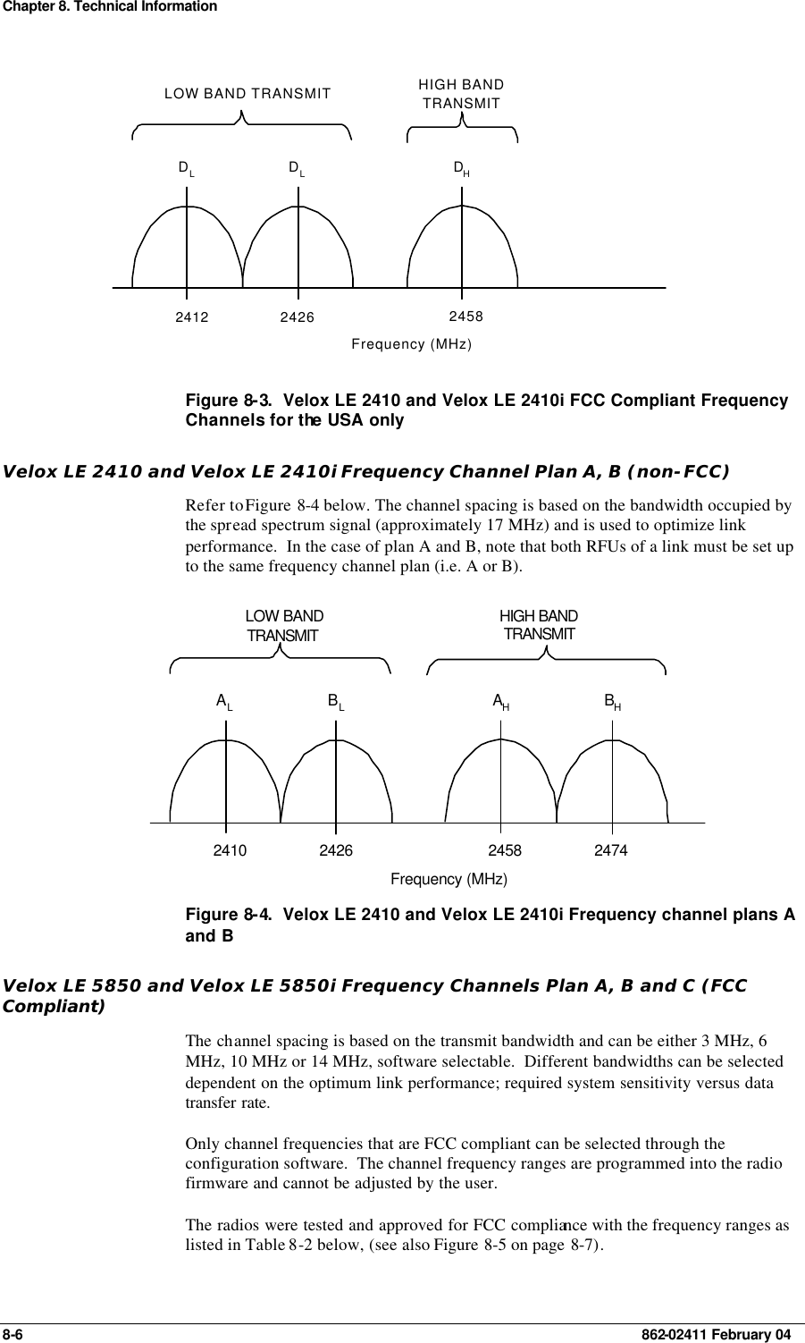 Chapter 8. Technical Information 8-6    862-02411 February 04 DHFrequency (MHz)LOW BAND TRANSMIT HIGH BANDTRANSMITDLDL2412 2426 2458 Figure 8-3.  Velox LE 2410 and Velox LE 2410i FCC Compliant Frequency Channels for the USA only Velox LE 2410 and Velox LE 2410i Frequency Channel Plan A, B (non-FCC) Refer to Figure 8-4 below. The channel spacing is based on the bandwidth occupied by the spread spectrum signal (approximately 17 MHz) and is used to optimize link performance.  In the case of plan A and B, note that both RFUs of a link must be set up to the same frequency channel plan (i.e. A or B). AHBHFrequency (MHz)LOW BANDTRANSMITHIGH BANDTRANSMITALBL2410 2426 2458 2474 Figure 8-4.  Velox LE 2410 and Velox LE 2410i Frequency channel plans A and B Velox LE 5850 and Velox LE 5850i Frequency Channels Plan A, B and C (FCC Compliant) The channel spacing is based on the transmit bandwidth and can be either 3 MHz, 6 MHz, 10 MHz or 14 MHz, software selectable.  Different bandwidths can be selected dependent on the optimum link performance; required system sensitivity versus data transfer rate. Only channel frequencies that are FCC compliant can be selected through the configuration software.  The channel frequency ranges are programmed into the radio firmware and cannot be adjusted by the user. The radios were tested and approved for FCC compliance with the frequency ranges as listed in Table 8-2 below, (see also Figure 8-5 on page 8-7). 