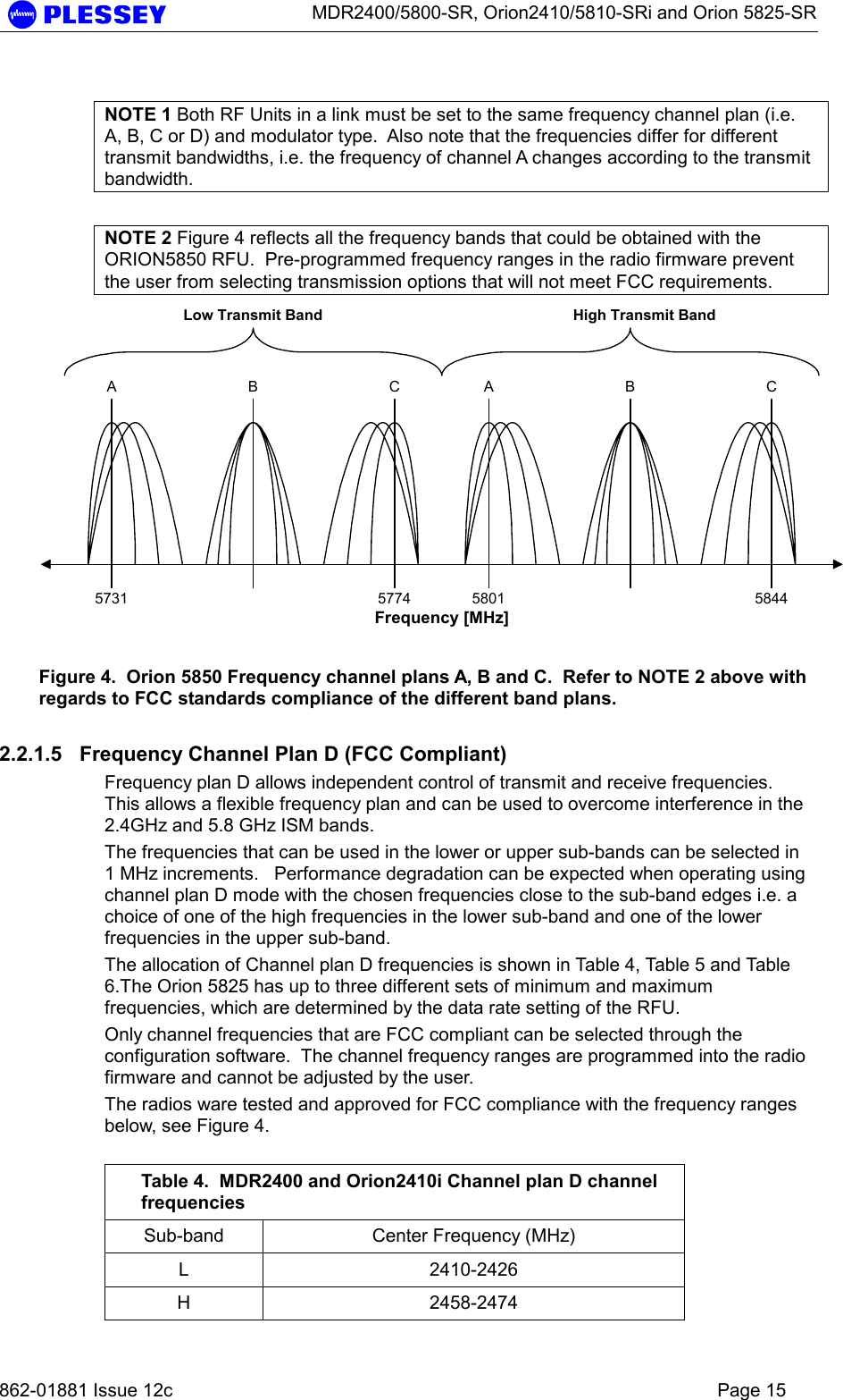      MDR2400/5800-SR, Orion2410/5810-SRi and Orion 5825-SR   862-01881 Issue 12c    Page 15  NOTE 1 Both RF Units in a link must be set to the same frequency channel plan (i.e. A, B, C or D) and modulator type.  Also note that the frequencies differ for different transmit bandwidths, i.e. the frequency of channel A changes according to the transmit bandwidth.  NOTE 2 Figure 4 reflects all the frequency bands that could be obtained with the ORION5850 RFU.  Pre-programmed frequency ranges in the radio firmware prevent the user from selecting transmission options that will not meet FCC requirements. Frequency [MHz]5731 5774 5801 5844ABCABCLow Transmit Band High Transmit Band Figure 4.  Orion 5850 Frequency channel plans A, B and C.  Refer to NOTE 2 above with regards to FCC standards compliance of the different band plans. 2.2.1.5  Frequency Channel Plan D (FCC Compliant) Frequency plan D allows independent control of transmit and receive frequencies.  This allows a flexible frequency plan and can be used to overcome interference in the 2.4GHz and 5.8 GHz ISM bands. The frequencies that can be used in the lower or upper sub-bands can be selected in 1 MHz increments.   Performance degradation can be expected when operating using channel plan D mode with the chosen frequencies close to the sub-band edges i.e. a choice of one of the high frequencies in the lower sub-band and one of the lower frequencies in the upper sub-band.    The allocation of Channel plan D frequencies is shown in Table 4, Table 5 and Table 6.The Orion 5825 has up to three different sets of minimum and maximum frequencies, which are determined by the data rate setting of the RFU. Only channel frequencies that are FCC compliant can be selected through the configuration software.  The channel frequency ranges are programmed into the radio firmware and cannot be adjusted by the user. The radios ware tested and approved for FCC compliance with the frequency ranges below, see Figure 4.  Table 4.  MDR2400 and Orion2410i Channel plan D channel frequencies Sub-band  Center Frequency (MHz) L 2410-2426 H 2458-2474 