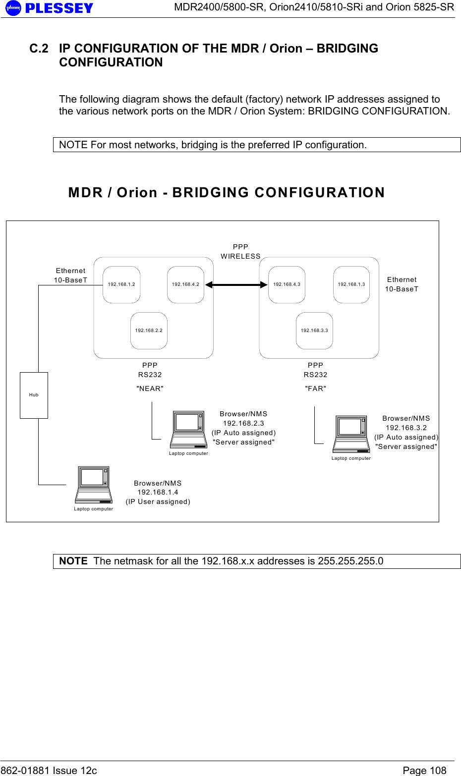      MDR2400/5800-SR, Orion2410/5810-SRi and Orion 5825-SR  862-01881 Issue 12c    Page 108 C.2  IP CONFIGURATION OF THE MDR / Orion – BRIDGING CONFIGURATION  The following diagram shows the default (factory) network IP addresses assigned to the various network ports on the MDR / Orion System: BRIDGING CONFIGURATION.    NOTE For most networks, bridging is the preferred IP configuration.  192.168.1.2 192.168.4.2192.168.2.2192.168.4.3 192.168.1.3192.168.3.3Ethernet10-BaseTPPPRS232PPPWIRELESSPPPRS232Ethernet10-BaseT&quot;NEAR&quot; &quot;FAR&quot;Laptop computerBrowser/NMS192.168.1.4(IP User assigned)HubMDR / Orion - BRIDGING CONFIGURATIONLaptop computerBrowser/NMS192.168.3.2(IP Auto assigned)&quot;Server assigned&quot;Laptop computerBrowser/NMS192.168.2.3(IP Auto assigned)&quot;Server assigned&quot;  NOTE  The netmask for all the 192.168.x.x addresses is 255.255.255.0  