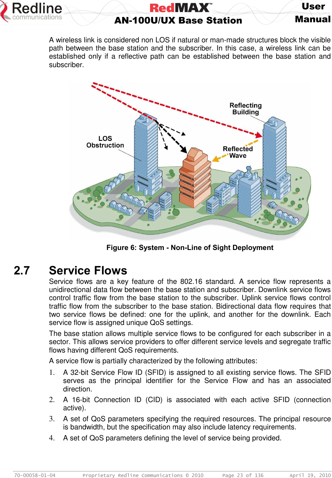     User  AN-100U/UX Base Station Manual   70-00058-01-04  Proprietary Redline Communications © 2010   Page 23 of 136  April 19, 2010  A wireless link is considered non LOS if natural or man-made structures block the visible path between the base station and the subscriber. In this case, a wireless link can be established only if  a  reflective path  can  be  established between the  base  station and subscriber.   Figure 6: System - Non-Line of Sight Deployment   2.7 Service Flows Service  flows  are  a  key  feature  of  the  802.16  standard.  A  service  flow  represents  a unidirectional data flow between the base station and subscriber. Downlink service flows control traffic flow from the base station to the subscriber. Uplink service flows control traffic flow from the subscriber to the base station. Bidirectional data flow requires that two  service  flows  be  defined:  one  for  the  uplink,  and  another  for  the  downlink.  Each service flow is assigned unique QoS settings. The base station allows multiple service flows to be configured for each subscriber in a sector. This allows service providers to offer different service levels and segregate traffic flows having different QoS requirements. A service flow is partially characterized by the following attributes: 1. A 32-bit Service Flow ID (SFID) is assigned to all existing service flows. The SFID serves  as  the  principal  identifier  for  the  Service  Flow  and  has  an  associated direction. 2. A  16-bit  Connection  ID  (CID)  is  associated  with  each  active  SFID  (connection active). 3. A set of QoS parameters specifying the required resources. The principal resource is bandwidth, but the specification may also include latency requirements. 4. A set of QoS parameters defining the level of service being provided. 