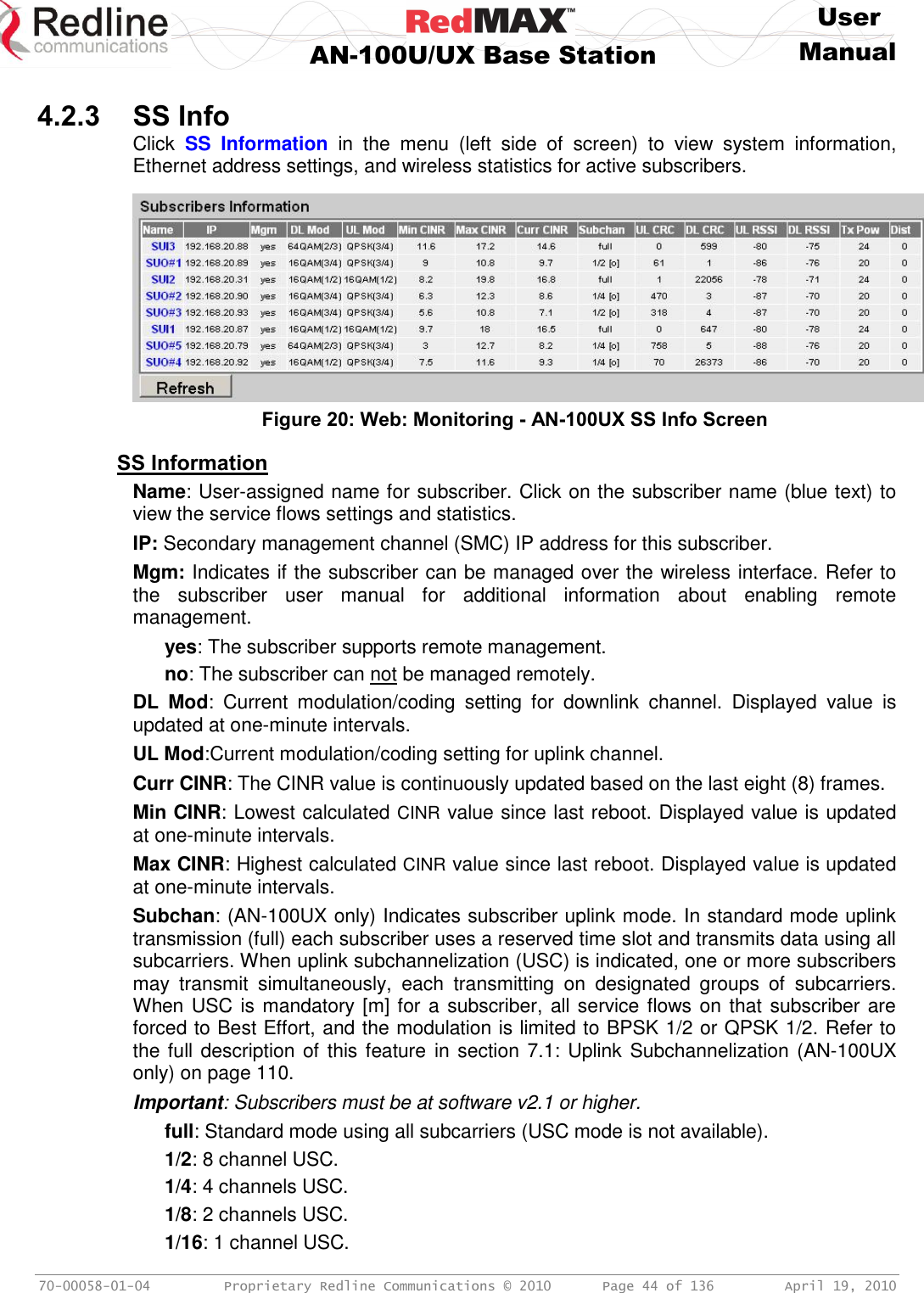     User  AN-100U/UX Base Station Manual   70-00058-01-04  Proprietary Redline Communications © 2010   Page 44 of 136  April 19, 2010  4.2.3 SS Info Click  SS  Information  in  the  menu  (left  side  of  screen)  to  view  system  information, Ethernet address settings, and wireless statistics for active subscribers.   Figure 20: Web: Monitoring - AN-100UX SS Info Screen  SS Information Name: User-assigned name for subscriber. Click on the subscriber name (blue text) to view the service flows settings and statistics. IP: Secondary management channel (SMC) IP address for this subscriber. Mgm: Indicates if the subscriber can be managed over the wireless interface. Refer to the  subscriber  user  manual  for  additional  information  about  enabling  remote management.  yes: The subscriber supports remote management. no: The subscriber can not be managed remotely. DL  Mod:  Current  modulation/coding  setting  for  downlink  channel.  Displayed  value  is updated at one-minute intervals. UL Mod:Current modulation/coding setting for uplink channel. Curr CINR: The CINR value is continuously updated based on the last eight (8) frames. Min CINR: Lowest calculated CINR value since last reboot. Displayed value is updated at one-minute intervals. Max CINR: Highest calculated CINR value since last reboot. Displayed value is updated at one-minute intervals. Subchan: (AN-100UX only) Indicates subscriber uplink mode. In standard mode uplink transmission (full) each subscriber uses a reserved time slot and transmits data using all subcarriers. When uplink subchannelization (USC) is indicated, one or more subscribers may  transmit  simultaneously,  each  transmitting  on  designated  groups  of  subcarriers. When USC is mandatory [m] for a subscriber, all service flows on that subscriber are forced to Best Effort, and the modulation is limited to BPSK 1/2 or QPSK 1/2. Refer to the full description of this feature in section 7.1: Uplink Subchannelization (AN-100UX only) on page 110. Important: Subscribers must be at software v2.1 or higher. full: Standard mode using all subcarriers (USC mode is not available). 1/2: 8 channel USC.  1/4: 4 channels USC.  1/8: 2 channels USC.  1/16: 1 channel USC.  