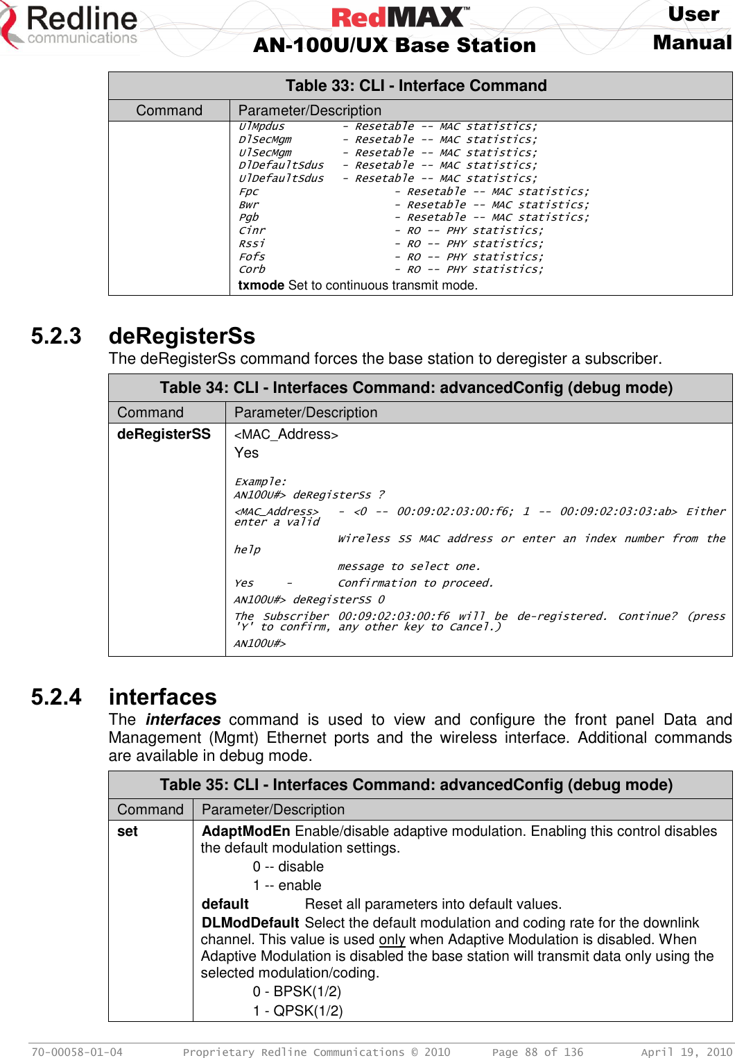     User  AN-100U/UX Base Station Manual   70-00058-01-04  Proprietary Redline Communications © 2010   Page 88 of 136  April 19, 2010 Table 33: CLI - Interface Command Command Parameter/Description UlMpdus         - Resetable -- MAC statistics; DlSecMgm        - Resetable -- MAC statistics; UlSecMgm        - Resetable -- MAC statistics; DlDefaultSdus   - Resetable -- MAC statistics; UlDefaultSdus   - Resetable -- MAC statistics; Fpc               - Resetable -- MAC statistics; Bwr               - Resetable -- MAC statistics; Pgb               - Resetable -- MAC statistics; Cinr              - RO -- PHY statistics; Rssi              - RO -- PHY statistics; Fofs              - RO -- PHY statistics; Corb              - RO -- PHY statistics; txmode Set to continuous transmit mode.  5.2.3 deRegisterSs The deRegisterSs command forces the base station to deregister a subscriber. Table 34: CLI - Interfaces Command: advancedConfig (debug mode) Command Parameter/Description deRegisterSS &lt;MAC_Address&gt; Yes  Example: AN100U#&gt; deRegisterSs ? &lt;MAC_Address&gt;  -  &lt;0  --  00:09:02:03:00:f6;  1  --  00:09:02:03:03:ab&gt;  Either enter a valid     Wireless SS  MAC  address  or  enter an  index  number  from  the help     message to select one. Yes  -   Confirmation to proceed. AN100U#&gt; deRegisterSS 0 The  Subscriber  00:09:02:03:00:f6  will  be  de-registered.  Continue?  (press &apos;Y&apos; to confirm, any other key to Cancel.) AN100U#&gt;  5.2.4 interfaces The  interfaces  command  is  used  to  view  and  configure  the  front  panel  Data  and Management  (Mgmt)  Ethernet  ports  and  the  wireless  interface.  Additional  commands are available in debug mode. Table 35: CLI - Interfaces Command: advancedConfig (debug mode) Command Parameter/Description set AdaptModEn Enable/disable adaptive modulation. Enabling this control disables the default modulation settings.  0 -- disable  1 -- enable default   Reset all parameters into default values. DLModDefault Select the default modulation and coding rate for the downlink channel. This value is used only when Adaptive Modulation is disabled. When Adaptive Modulation is disabled the base station will transmit data only using the selected modulation/coding.  0 - BPSK(1/2)  1 - QPSK(1/2) 