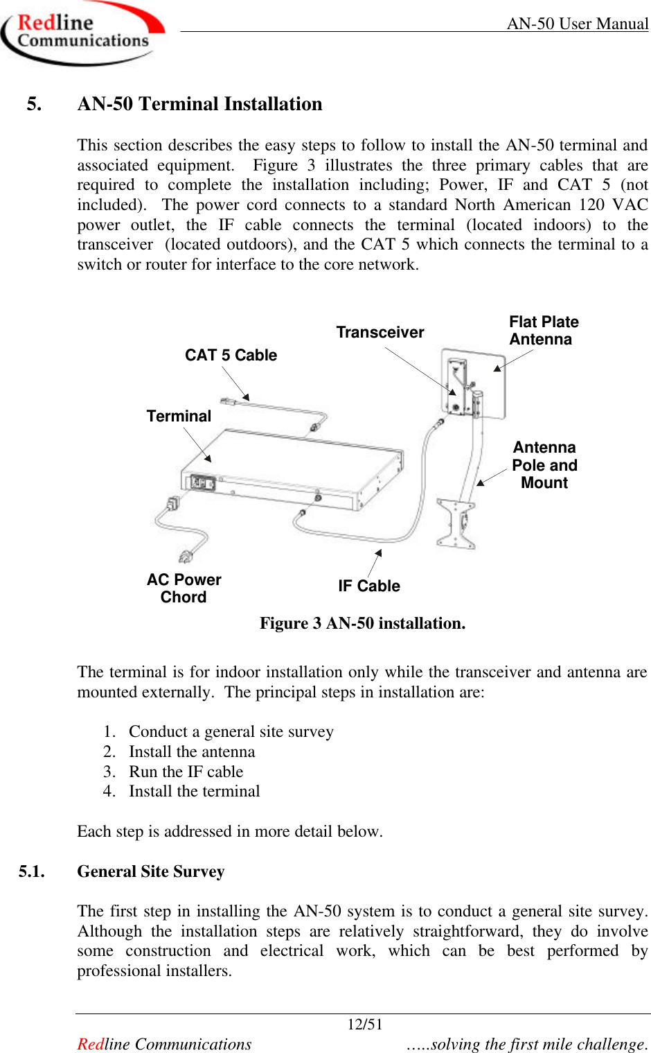     AN-50 User Manual  12/51   Redline Communications    …..solving the first mile challenge. 5. AN-50 Terminal Installation  This section describes the easy steps to follow to install the AN-50 terminal and associated equipment.  Figure  3 illustrates the three primary cables that are required to complete the installation including; Power, IF and CAT 5 (not included).  The power cord connects to a standard North American 120 VAC power outlet, the IF cable connects the terminal (located indoors) to the transceiver  (located outdoors), and the CAT 5 which connects the terminal to a switch or router for interface to the core network.   TerminalCAT 5 CableAC PowerChordIF CableTransceiverAntennaPole and MountFlat PlateAntenna Figure 3 AN-50 installation.  The terminal is for indoor installation only while the transceiver and antenna are mounted externally.  The principal steps in installation are:  1. Conduct a general site survey 2. Install the antenna 3. Run the IF cable 4. Install the terminal  Each step is addressed in more detail below.  5.1. General Site Survey  The first step in installing the AN-50 system is to conduct a general site survey.  Although the installation steps are relatively straightforward, they do involve some construction and electrical work, which can be best performed by professional installers.    
