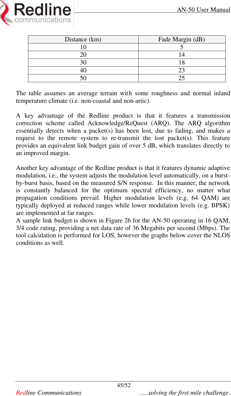     AN-50 User Manual  45/52   Redline Communications    …..solving the first mile challenge. Distance (km) Fade Margin (dB) 10 5 20 14 30 18 40 23 50 25  The table assumes an average terrain with some roughness and normal inland temperature climate (i.e. non-coastal and non-artic).    A key advantage of the Redline product is that it features a transmission correction scheme called Acknowledge/ReQuest (ARQ). The ARQ algorithm essentially detects when a packet(s) has been lost, due to fading, and makes a request to the remote system to re-transmit the lost packet(s). This feature provides an equivalent link budget gain of over 5 dB, which translates directly to an improved margin.   Another key advantage of the Redline product is that it features dynamic adaptive modulation, i.e., the system adjusts the modulation level automatically, on a burst-by-burst basis, based on the measured S/N response.  In this manner, the network is constantly balanced for the optimum spectral efficiency, no matter what propagation conditions prevail. Higher modulation levels (e.g. 64 QAM) are typically deployed at reduced ranges while lower modulation levels (e.g. BPSK) are implemented at far ranges.     A sample link budget is shown in Figure 26 for the AN-50 operating in 16 QAM, 3/4 code rating, providing a net data rate of 36 Megabits per second (Mbps). The tool calculation is performed for LOS, however the graphs below cover the NLOS conditions as well.    