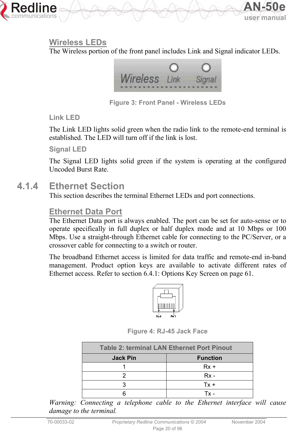   AN-50e user manual  70-00033-02  Proprietary Redline Communications © 2004 November 2004 Page 20 of 96  Wireless LEDs The Wireless portion of the front panel includes Link and Signal indicator LEDs.  Figure 3: Front Panel - Wireless LEDs Link LED The Link LED lights solid green when the radio link to the remote-end terminal is established. The LED will turn off if the link is lost. Signal LED The Signal LED lights solid green if the system is operating at the configured Uncoded Burst Rate. 4.1.4 Ethernet Section This section describes the terminal Ethernet LEDs and port connections. Ethernet Data Port The Ethernet Data port is always enabled. The port can be set for auto-sense or to operate specifically in full duplex or half duplex mode and at 10 Mbps or 100 Mbps. Use a straight-through Ethernet cable for connecting to the PC/Server, or a crossover cable for connecting to a switch or router. The broadband Ethernet access is limited for data traffic and remote-end in-band management. Product option keys are available to activate different rates of Ethernet access. Refer to section 6.4.1: Options Key Screen on page 61.  Figure 4: RJ-45 Jack Face Table 2: terminal LAN Ethernet Port Pinout Jack Pin  Function 1 Rx + 2 Rx - 3 Tx + 6 Tx - Warning: Connecting a telephone cable to the Ethernet interface will cause damage to the terminal. 