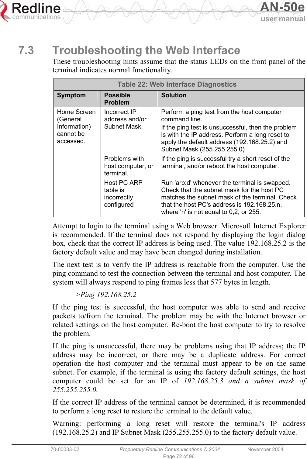   AN-50e user manual  70-00033-02  Proprietary Redline Communications © 2004 November 2004 Page 72 of 96  7.3  Troubleshooting the Web Interface These troubleshooting hints assume that the status LEDs on the front panel of the terminal indicates normal functionality. Table 22: Web Interface Diagnostics Symptom  Possible Problem Solution Incorrect IP address and/or Subnet Mask. Perform a ping test from the host computer command line. If the ping test is unsuccessful, then the problem is with the IP address. Perform a long reset to apply the default address (192.168.25.2) and Subnet Mask (255.255.255.0) Problems with host computer, or terminal. If the ping is successful try a short reset of the terminal, and/or reboot the host computer. Home Screen (General Information) cannot be accessed. Host PC ARP table is incorrectly configured Run &apos;arp:d&apos; whenever the terminal is swapped. Check that the subnet mask for the host PC matches the subnet mask of the terminal. Check that the host PC&apos;s address is 192.168.25.n, where &apos;n&apos; is not equal to 0,2, or 255.  Attempt to login to the terminal using a Web browser. Microsoft Internet Explorer is recommended. If the terminal does not respond by displaying the login dialog box, check that the correct IP address is being used. The value 192.168.25.2 is the factory default value and may have been changed during installation. The next test is to verify the IP address is reachable from the computer. Use the ping command to test the connection between the terminal and host computer. The system will always respond to ping frames less that 577 bytes in length. &gt;Ping 192.168.25.2 If the ping test is successful, the host computer was able to send and receive packets to/from the terminal. The problem may be with the Internet browser or related settings on the host computer. Re-boot the host computer to try to resolve the problem. If the ping is unsuccessful, there may be problems using that IP address; the IP address may be incorrect, or there may be a duplicate address. For correct operation the host computer and the terminal must appear to be on the same subnet. For example, if the terminal is using the factory default settings, the host computer could be set for an IP of 192.168.25.3 and a subnet mask of 255.255.255.0. If the correct IP address of the terminal cannot be determined, it is recommended to perform a long reset to restore the terminal to the default value. Warning: performing a long reset will restore the terminal&apos;s IP address (192.168.25.2) and IP Subnet Mask (255.255.255.0) to the factory default value. 