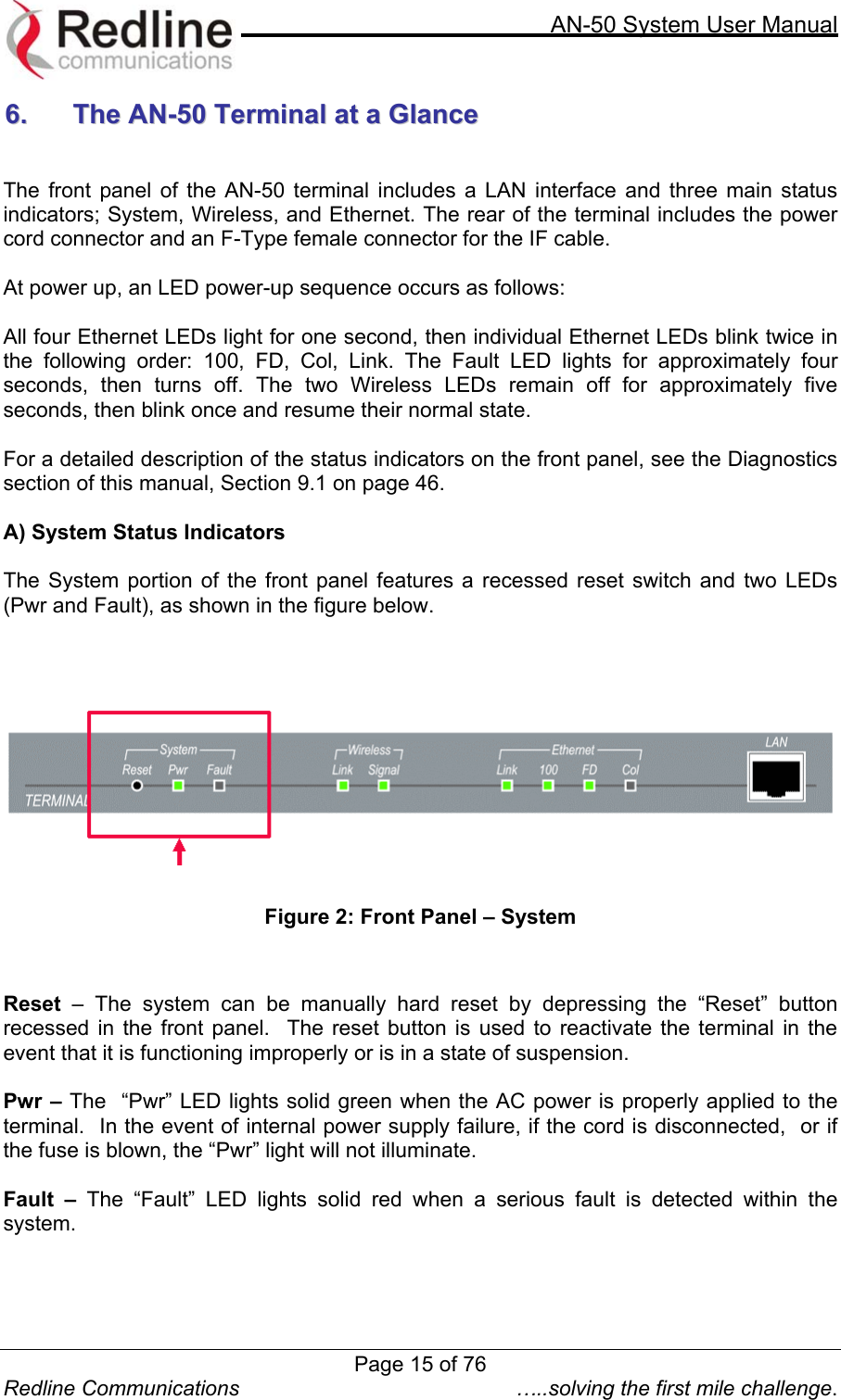     AN-50 System User Manual  Redline Communications  …..solving the first mile challenge. 66..  TThhee  AANN--5500  TTeerrmmiinnaall  aatt  aa  GGllaannccee    The front panel of the AN-50 terminal includes a LAN interface and three main status indicators; System, Wireless, and Ethernet. The rear of the terminal includes the power cord connector and an F-Type female connector for the IF cable.  At power up, an LED power-up sequence occurs as follows:  All four Ethernet LEDs light for one second, then individual Ethernet LEDs blink twice in the following order: 100, FD, Col, Link. The Fault LED lights for approximately four seconds, then turns off. The two Wireless LEDs remain off for approximately five seconds, then blink once and resume their normal state.    For a detailed description of the status indicators on the front panel, see the Diagnostics section of this manual, Section 9.1 on page 46.  A) System Status Indicators  The System portion of the front panel features a recessed reset switch and two LEDs (Pwr and Fault), as shown in the figure below.        Figure 2: Front Panel – System   Reset  – The system can be manually hard reset by depressing the “Reset” button recessed in the front panel.  The reset button is used to reactivate the terminal in the event that it is functioning improperly or is in a state of suspension.  Pwr – The  “Pwr” LED lights solid green when the AC power is properly applied to the terminal.  In the event of internal power supply failure, if the cord is disconnected,  or if the fuse is blown, the “Pwr” light will not illuminate.    Fault – The “Fault” LED lights solid red when a serious fault is detected within the system.   Page 15 of 76