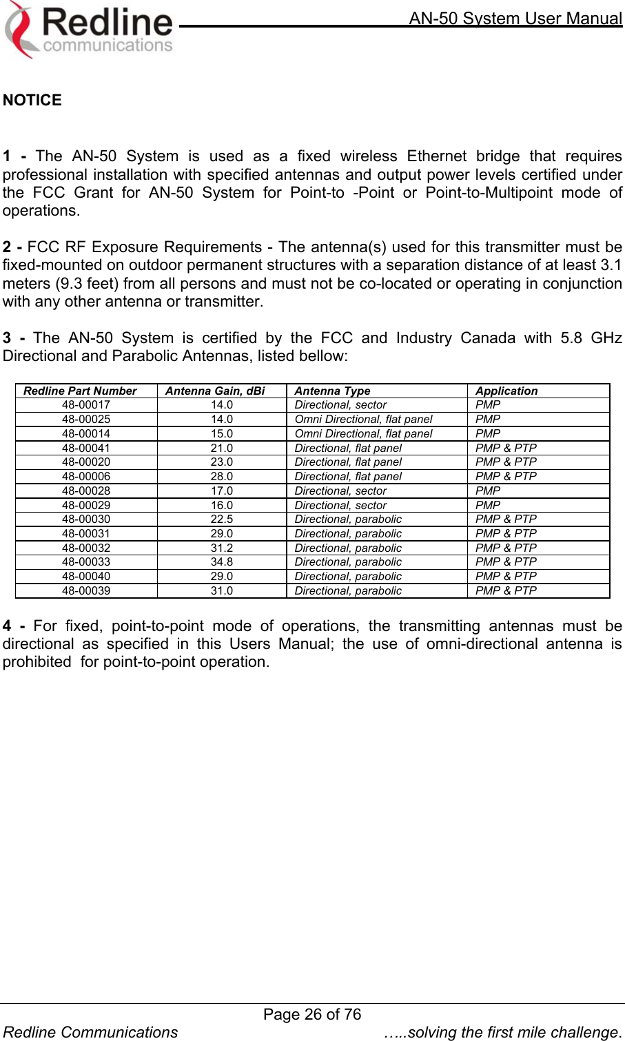    AN-50 System User Manual  Redline Communications  …..solving the first mile challenge.  NOTICE   1 - The AN-50 System is used as a fixed wireless Ethernet bridge that requires professional installation with specified antennas and output power levels certified under the FCC Grant for AN-50 System for Point-to -Point or Point-to-Multipoint mode of operations.   2 - FCC RF Exposure Requirements - The antenna(s) used for this transmitter must be fixed-mounted on outdoor permanent structures with a separation distance of at least 3.1 meters (9.3 feet) from all persons and must not be co-located or operating in conjunction with any other antenna or transmitter.  3 - The AN-50 System is certified by the FCC and Industry Canada with 5.8 GHz Directional and Parabolic Antennas, listed bellow:   Redline Part Number  Antenna Gain, dBi  Antenna Type  Application 48-00017 14.0 Directional, sector  PMP 48-00025 14.0 Omni Directional, flat panel  PMP 48-00014 15.0 Omni Directional, flat panel  PMP 48-00041 21.0 Directional, flat panel  PMP &amp; PTP 48-00020 23.0 Directional, flat panel  PMP &amp; PTP 48-00006 28.0 Directional, flat panel  PMP &amp; PTP 48-00028 17.0 Directional, sector   PMP 48-00029 16.0 Directional, sector  PMP 48-00030 22.5 Directional, parabolic  PMP &amp; PTP 48-00031 29.0 Directional, parabolic  PMP &amp; PTP 48-00032 31.2 Directional, parabolic  PMP &amp; PTP 48-00033 34.8 Directional, parabolic  PMP &amp; PTP 48-00040 29.0 Directional, parabolic  PMP &amp; PTP 48-00039 31.0 Directional, parabolic  PMP &amp; PTP  4 - For fixed, point-to-point mode of operations, the transmitting antennas must be directional as specified in this Users Manual; the use of omni-directional antenna is prohibited  for point-to-point operation.   Page 26 of 76