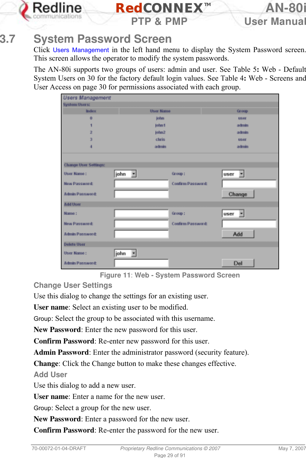   RedCONNEXTM AN-80i   PTP &amp; PMP  User Manual 70-00072-01-04-DRAFT  Proprietary Redline Communications © 2007  May 7, 2007 Page 29 of 91  3.7 System Password Screen Click  Users Management in the left hand menu to display the System Password screen. This screen allows the operator to modify the system passwords. The AN-80i supports two groups of users: admin and user. See Table 5: Web - Default System Users on 30 for the factory default login values. See Table 4: Web - Screens and User Access on page 30 for permissions associated with each group.   Figure 11: Web - System Password Screen Change User Settings Use this dialog to change the settings for an existing user. User name: Select an existing user to be modified.  Group: Select the group to be associated with this username. New Password: Enter the new password for this user. Confirm Password: Re-enter new password for this user. Admin Password: Enter the administrator password (security feature). Change: Click the Change button to make these changes effective. Add User Use this dialog to add a new user. User name: Enter a name for the new user. Group: Select a group for the new user. New Password: Enter a password for the new user. Confirm Password: Re-enter the password for the new user. 