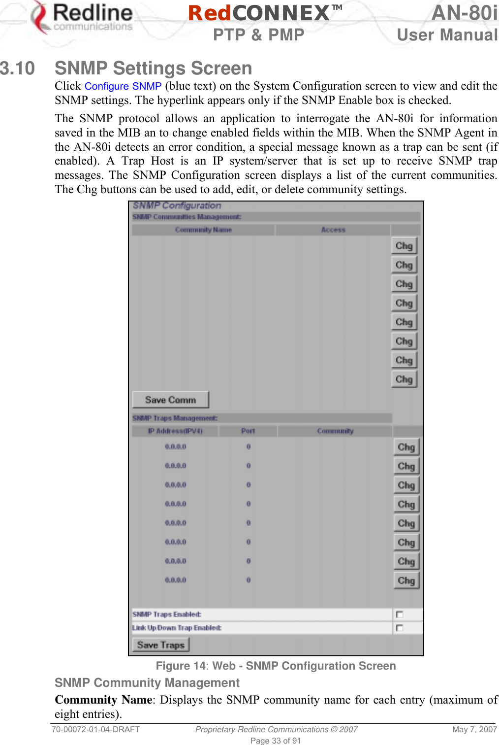   RedCONNEXTM AN-80i   PTP &amp; PMP  User Manual 70-00072-01-04-DRAFT  Proprietary Redline Communications © 2007  May 7, 2007 Page 33 of 91   3.10  SNMP Settings Screen Click Configure SNMP (blue text) on the System Configuration screen to view and edit the SNMP settings. The hyperlink appears only if the SNMP Enable box is checked. The SNMP protocol allows an application to interrogate the AN-80i for information saved in the MIB an to change enabled fields within the MIB. When the SNMP Agent in the AN-80i detects an error condition, a special message known as a trap can be sent (if enabled). A Trap Host is an IP system/server that is set up to receive SNMP trap messages. The SNMP Configuration screen displays a list of the current communities. The Chg buttons can be used to add, edit, or delete community settings.  Figure 14: Web - SNMP Configuration Screen  SNMP Community Management Community Name: Displays the SNMP community name for each entry (maximum of eight entries). 
