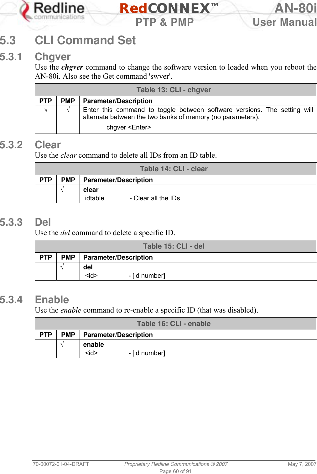  RedCONNEXTM AN-80i   PTP &amp; PMP  User Manual 70-00072-01-04-DRAFT  Proprietary Redline Communications © 2007  May 7, 2007 Page 60 of 91  5.3  CLI Command Set 5.3.1 Chgver Use the chgver command to change the software version to loaded when you reboot the AN-80i. Also see the Get command &apos;swver&apos;. Table 13: CLI - chgver PTP PMP Parameter/Description √ √  Enter this command to toggle between software versions. The setting will alternate between the two banks of memory (no parameters).  chgver &lt;Enter&gt;  5.3.2 Clear Use the clear command to delete all IDs from an ID table. Table 14: CLI - clear PTP PMP Parameter/Description  √ clear  idtable              - Clear all the IDs  5.3.3 Del Use the del command to delete a specific ID. Table 15: CLI - del PTP PMP Parameter/Description  √ del  &lt;id&gt;                 - [id number]  5.3.4 Enable Use the enable command to re-enable a specific ID (that was disabled). Table 16: CLI - enable PTP PMP Parameter/Description  √ enable  &lt;id&gt;                 - [id number]  