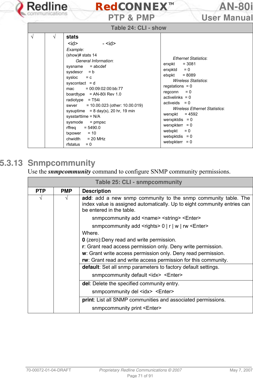   RedCONNEXTM AN-80i   PTP &amp; PMP  User Manual 70-00072-01-04-DRAFT  Proprietary Redline Communications © 2007  May 7, 2007 Page 71 of 91 Table 24: CLI - show √ √ stats  &lt;id&gt;                 - &lt;id&gt; Example: (show)# stats 14         General Information: sysname      = abcdef sysdescr     = b sysloc       = c syscontact   = d mac          = 00:09:02:00:bb:77 boardtype    = AN-80i Rev 1.0 radiotype    = T54i swver        = 10.00.023 (other: 10.00.019) sysuptime    = 8 day(s), 20 hr, 19 min sysstarttime = N/A sysmode      = pmpsc rffreq       = 5490.0 txpower      = 10 chwidth      = 20 MHz rfstatus     = 0             Ethernet Statistics: erxpkt       = 3081 erxpktd      = 0 etxpkt       = 8089         Wireless Statistics: regstations  = 0 regconn      = 0 activelinks  = 0 activeids    = 0         Wireless Ethernet Statistics: werxpkt      = 4592 werxpktdis   = 0 werxpkterr   = 0 wetxpkt      = 0 wetxpktdis   = 0 wetxpkterr   = 0  5.3.13 Snmpcommunity Use the snmpcommunity command to configure SNMP community permissions. Table 25: CLI - snmpcommunity PTP PMP Description √ √ add: add a new snmp community to the snmp community table. The index value is assigned automatically. Up to eight community entries can be entered in the table.   snmpcommunity add &lt;name&gt; &lt;string&gt; &lt;Enter&gt;   snmpcommunity add &lt;rights&gt; 0 | r | w | rw &lt;Enter&gt; Where. 0 (zero):Deny read and write permission. r: Grant read access permission only. Deny write permission. w: Grant write access permission only. Deny read permission. rw: Grant read and write access permission for this community.   default: Set all snmp parameters to factory default settings.   snmpcommunity default &lt;idx&gt;  &lt;Enter&gt;   del: Delete the specified community entry.   snmpcommunity del &lt;idx&gt;  &lt;Enter&gt;   print: List all SNMP communities and associated permissions.   snmpcommunity print &lt;Enter&gt;  