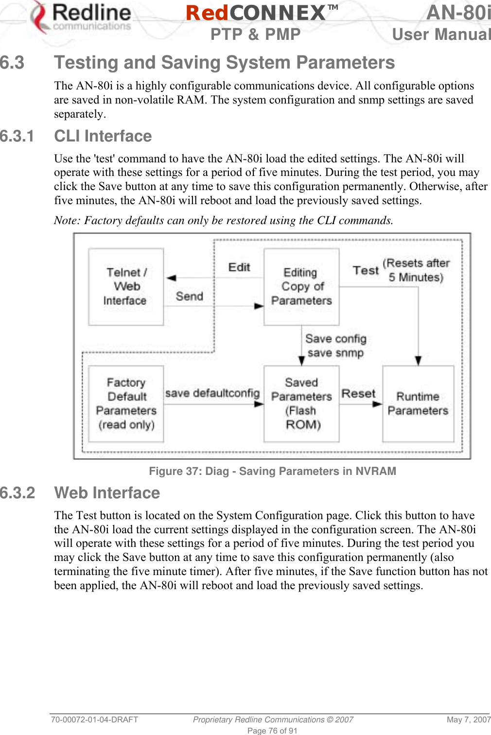   RedCONNEXTM AN-80i   PTP &amp; PMP  User Manual 70-00072-01-04-DRAFT  Proprietary Redline Communications © 2007  May 7, 2007 Page 76 of 91  6.3  Testing and Saving System Parameters The AN-80i is a highly configurable communications device. All configurable options are saved in non-volatile RAM. The system configuration and snmp settings are saved separately. 6.3.1 CLI Interface Use the &apos;test&apos; command to have the AN-80i load the edited settings. The AN-80i will operate with these settings for a period of five minutes. During the test period, you may click the Save button at any time to save this configuration permanently. Otherwise, after five minutes, the AN-80i will reboot and load the previously saved settings. Note: Factory defaults can only be restored using the CLI commands.  Figure 37: Diag - Saving Parameters in NVRAM 6.3.2 Web Interface The Test button is located on the System Configuration page. Click this button to have the AN-80i load the current settings displayed in the configuration screen. The AN-80i will operate with these settings for a period of five minutes. During the test period you may click the Save button at any time to save this configuration permanently (also terminating the five minute timer). After five minutes, if the Save function button has not been applied, the AN-80i will reboot and load the previously saved settings. 