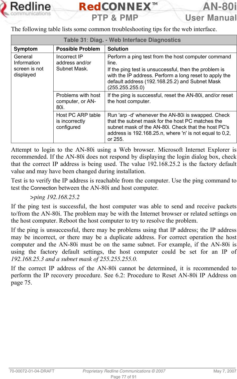   RedCONNEXTM AN-80i   PTP &amp; PMP  User Manual 70-00072-01-04-DRAFT  Proprietary Redline Communications © 2007  May 7, 2007 Page 77 of 91  The following table lists some common troubleshooting tips for the web interface. Table 31: Diag. - Web Interface Diagnostics Symptom Possible Problem Solution Incorrect IP address and/or Subnet Mask. Perform a ping test from the host computer command line. If the ping test is unsuccessful, then the problem is with the IP address. Perform a long reset to apply the default address (192.168.25.2) and Subnet Mask (255.255.255.0) Problems with host computer, or AN-80i. If the ping is successful, reset the AN-80i, and/or reset the host computer. General Information screen is not displayed Host PC ARP table is incorrectly configured Run &apos;arp -d&apos; whenever the AN-80i is swapped. Check that the subnet mask for the host PC matches the subnet mask of the AN-80i. Check that the host PC&apos;s address is 192.168.25.n, where &apos;n&apos; is not equal to 0,2, or 255.  Attempt to login to the AN-80i using a Web browser. Microsoft Internet Explorer is recommended. If the AN-80i does not respond by displaying the login dialog box, check that the correct IP address is being used. The value 192.168.25.2 is the factory default value and may have been changed during installation. Test is to verify the IP address is reachable from the computer. Use the ping command to test the Connection between the AN-80i and host computer. &gt;ping 192.168.25.2 If the ping test is successful, the host computer was able to send and receive packets to/from the AN-80i. The problem may be with the Internet browser or related settings on the host computer. Reboot the host computer to try to resolve the problem. If the ping is unsuccessful, there may be problems using that IP address; the IP address may be incorrect, or there may be a duplicate address. For correct operation the host computer and the AN-80i must be on the same subnet. For example, if the AN-80i is using the factory default settings, the host computer could be set for an IP of 192.168.25.3 and a subnet mask of 255.255.255.0. If the correct IP address of the AN-80i cannot be determined, it is recommended to perform the IP recovery procedure. See 6.2: Procedure to Reset AN-80i IP Address on page 75. 