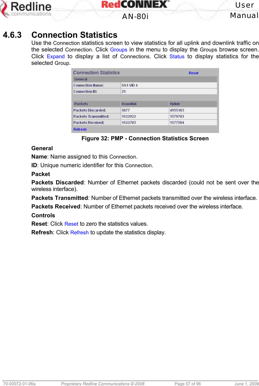 User AN-80i Manual 70-00072-01-06a Proprietary Redline Communications © 2008 Page 57 of 96 June 1, 2008 4.6.3 Connection Statistics Use the Connection statistics screen to view statistics for all uplink and downlink traffic on the selected Connection. Click Groups in the menu to display the Groups browse screen. Click Expand to display a list of Connections. Click Status to display statistics for the selected Group. Figure 32: PMP - Connection Statistics Screen General Name: Name assigned to this Connection. ID: Unique numeric identifier for this Connection. Packet Packets Discarded: Number of Ethernet packets discarded (could not be sent over the wireless interface). Packets Transmitted: Number of Ethernet packets transmitted over the wireless interface. Packets Received: Number of Ethernet packets received over the wireless interface. Controls Reset: Click Reset to zero the statistics values. Refresh: Click Refresh to update the statistics display.