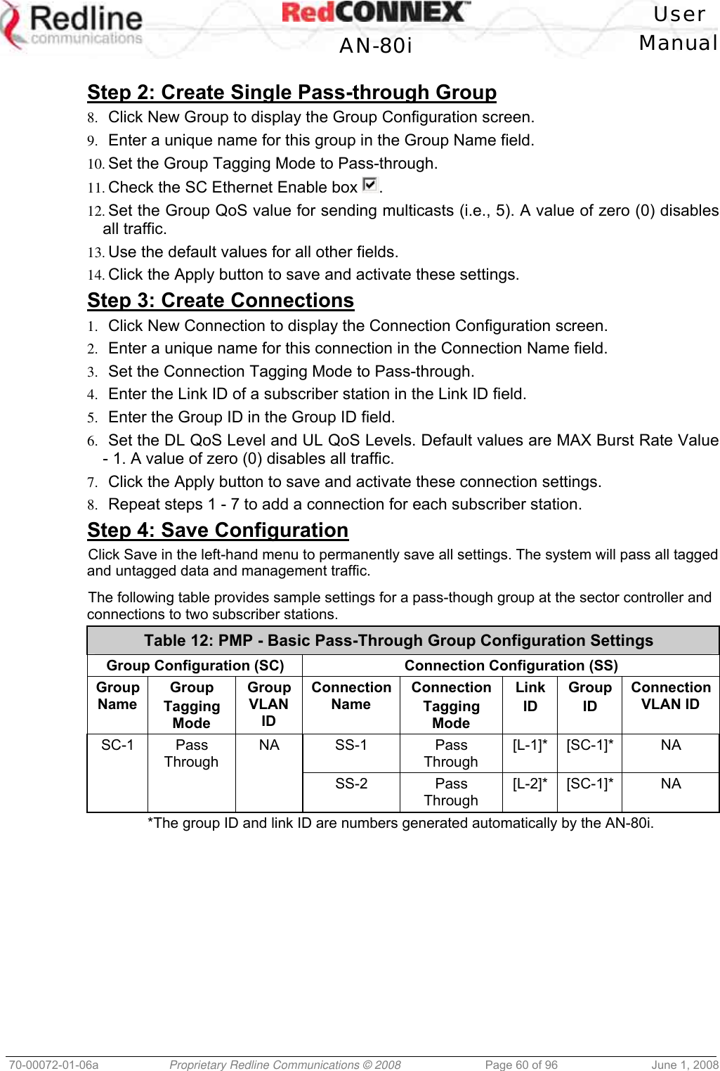   User  AN-80i Manual  70-00072-01-06a  Proprietary Redline Communications © 2008  Page 60 of 96  June 1, 2008  Step 2: Create Single Pass-through Group 8.  Click New Group to display the Group Configuration screen. 9.  Enter a unique name for this group in the Group Name field.  10. Set the Group Tagging Mode to Pass-through. 11. Check the SC Ethernet Enable box  . 12. Set the Group QoS value for sending multicasts (i.e., 5). A value of zero (0) disables all traffic. 13. Use the default values for all other fields. 14. Click the Apply button to save and activate these settings. Step 3: Create Connections 1.  Click New Connection to display the Connection Configuration screen. 2.  Enter a unique name for this connection in the Connection Name field. 3.  Set the Connection Tagging Mode to Pass-through. 4.  Enter the Link ID of a subscriber station in the Link ID field. 5.  Enter the Group ID in the Group ID field. 6.  Set the DL QoS Level and UL QoS Levels. Default values are MAX Burst Rate Value - 1. A value of zero (0) disables all traffic. 7.  Click the Apply button to save and activate these connection settings. 8.  Repeat steps 1 - 7 to add a connection for each subscriber station. Step 4: Save Configuration Click Save in the left-hand menu to permanently save all settings. The system will pass all tagged and untagged data and management traffic.  The following table provides sample settings for a pass-though group at the sector controller and connections to two subscriber stations. Table 12: PMP - Basic Pass-Through Group Configuration Settings Group Configuration (SC)  Connection Configuration (SS) Group Name Group  Tagging Mode Group VLAN ID Connection Name Connection Tagging Mode Link ID Group ID Connection VLAN ID SC-1 Pass Through NA SS-1  Pass Through [L-1]* [SC-1]*  NA     SS-2 Pass Through [L-2]* [SC-1]*  NA *The group ID and link ID are numbers generated automatically by the AN-80i. 