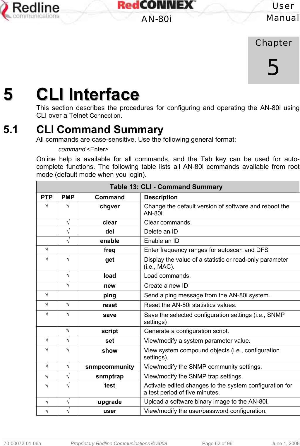 User AN-80i Manual 70-00072-01-06a Proprietary Redline Communications © 2008 Page 62 of 96 June 1, 2008 Chapter 5 55 CCLLII IInntteerrffaaccee This section describes the procedures for configuring and operating the AN-80i using CLI over a Telnet Connection. 5.1 CLI Command Summary All commands are case-sensitive. Use the following general format: command <Enter> Online help is available for all commands, and the Tab key can be used for auto-complete functions. The following table lists all AN-80i commands available from root mode (default mode when you login). Table 13: CLI - Command Summary PTP PMP Command Description √ √ chgver Change the default version of software and reboot the AN-80i. √ clear Clear commands. √ del Delete an ID √ enable Enable an ID √ freq Enter frequency ranges for autoscan and DFS √ √ get Display the value of a statistic or read-only parameter (i.e., MAC). √ load Load commands. √ new Create a new ID √ ping Send a ping message from the AN-80i system. √ √ reset Reset the AN-80i statistics values. √ √ save Save the selected configuration settings (i.e., SNMP settings) √ script Generate a configuration script. √ √ set View/modify a system parameter value. √ √ show View system compound objects (i.e., configuration settings). √ √ snmpcommunity View/modify the SNMP community settings. √ √ snmptrap View/modify the SNMP trap settings. √ √ test Activate edited changes to the system configuration for a test period of five minutes. √ √ upgrade Upload a software binary image to the AN-80i. √ √ user View/modify the user/password configuration.