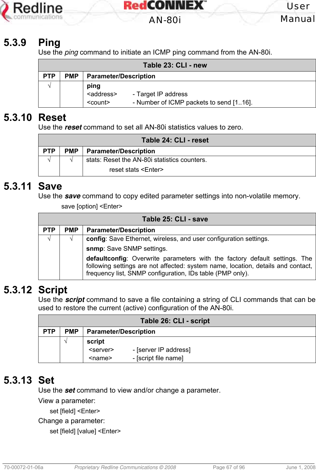   User  AN-80i Manual  70-00072-01-06a  Proprietary Redline Communications © 2008  Page 67 of 96  June 1, 2008  5.3.9 Ping Use the ping command to initiate an ICMP ping command from the AN-80i. Table 23: CLI - new PTP PMP Parameter/Description √   ping &lt;address&gt;  - Target IP address &lt;count&gt;  - Number of ICMP packets to send [1..16]. 5.3.10 Reset Use the reset command to set all AN-80i statistics values to zero. Table 24: CLI - reset PTP PMP Parameter/Description  √ √  stats: Reset the AN-80i statistics counters.  reset stats &lt;Enter&gt; 5.3.11 Save Use the save command to copy edited parameter settings into non-volatile memory.  save [option] &lt;Enter&gt; Table 25: CLI - save PTP PMP Parameter/Description √ √ config: Save Ethernet, wireless, and user configuration settings. snmp: Save SNMP settings. defaultconfig: Overwrite parameters with the factory default settings. The following settings are not affected: system name, location, details and contact, frequency list, SNMP configuration, IDs table (PMP only). 5.3.12 Script Use the script command to save a file containing a string of CLI commands that can be used to restore the current (active) configuration of the AN-80i.  Table 26: CLI - script PTP PMP Parameter/Description  √ script  &lt;server&gt;  - [server IP address]  &lt;name&gt;  - [script file name]    5.3.13 Set Use the set command to view and/or change a parameter. View a parameter: set [field] &lt;Enter&gt; Change a parameter: set [field] [value] &lt;Enter&gt; 