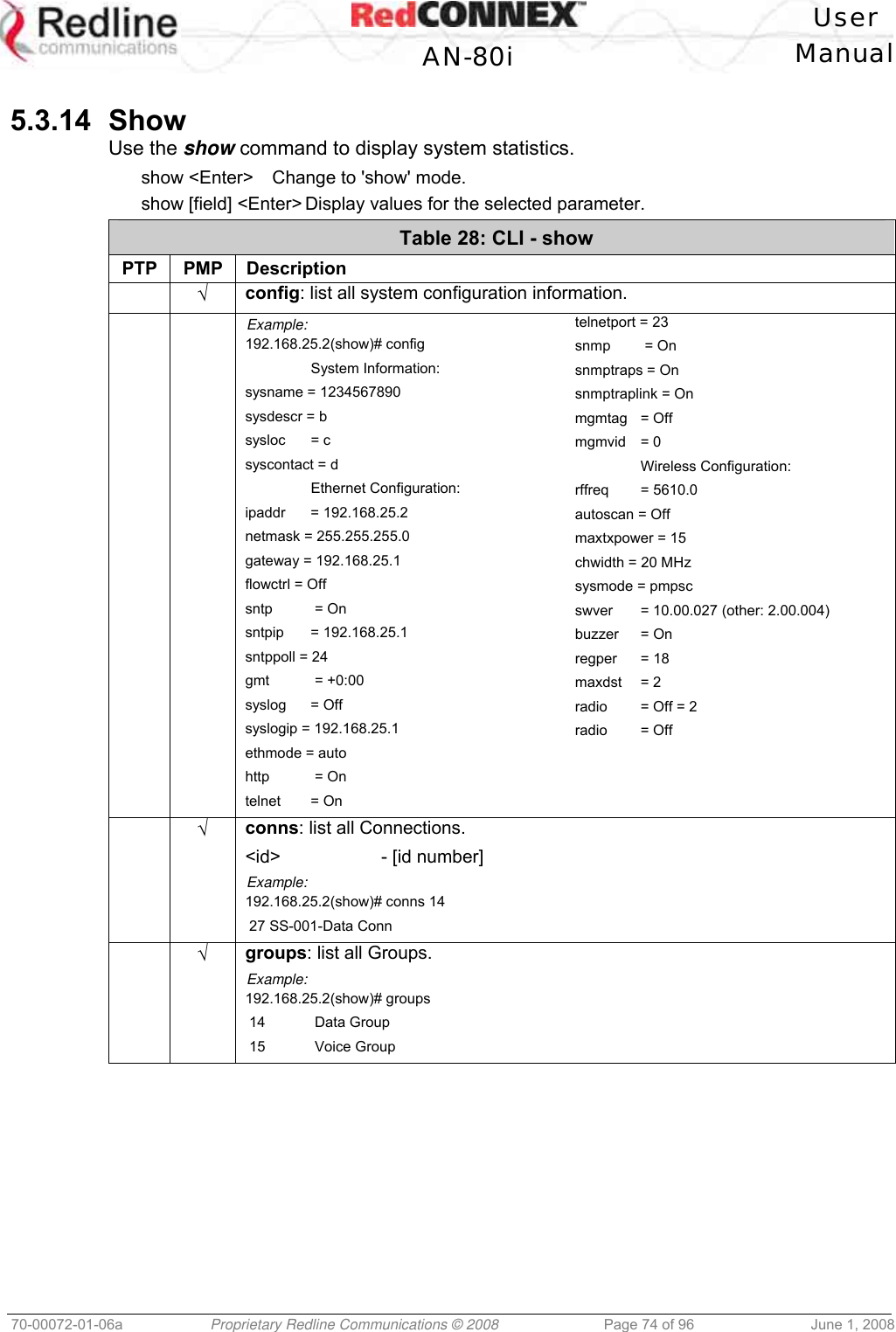   User  AN-80i Manual  70-00072-01-06a  Proprietary Redline Communications © 2008  Page 74 of 96  June 1, 2008  5.3.14 Show Use the show command to display system statistics. show &lt;Enter&gt;  Change to &apos;show&apos; mode. show [field] &lt;Enter&gt; Display values for the selected parameter. Table 28: CLI - show PTP PMP Description  √ config: list all system configuration information.   Example: 192.168.25.2(show)# config  System Information: sysname = 1234567890 sysdescr = b sysloc = c syscontact = d  Ethernet Configuration: ipaddr = 192.168.25.2 netmask = 255.255.255.0 gateway = 192.168.25.1 flowctrl = Off sntp   = On sntpip = 192.168.25.1 sntppoll = 24 gmt   = +0:00 syslog = Off syslogip = 192.168.25.1 ethmode = auto http   = On telnet = On telnetport = 23 snmp   = On snmptraps = On snmptraplink = On mgmtag = Off mgmvid = 0  Wireless Configuration: rffreq = 5610.0 autoscan = Off maxtxpower = 15 chwidth = 20 MHz sysmode = pmpsc swver  = 10.00.027 (other: 2.00.004) buzzer = On regper = 18 maxdst = 2 radio  = Off = 2 radio = Off  √ conns: list all Connections. &lt;id&gt;     - [id number] Example: 192.168.25.2(show)# conns 14  27 SS-001-Data Conn  √ groups: list all Groups. Example: 192.168.25.2(show)# groups  14   Data Group  15   Voice Group 