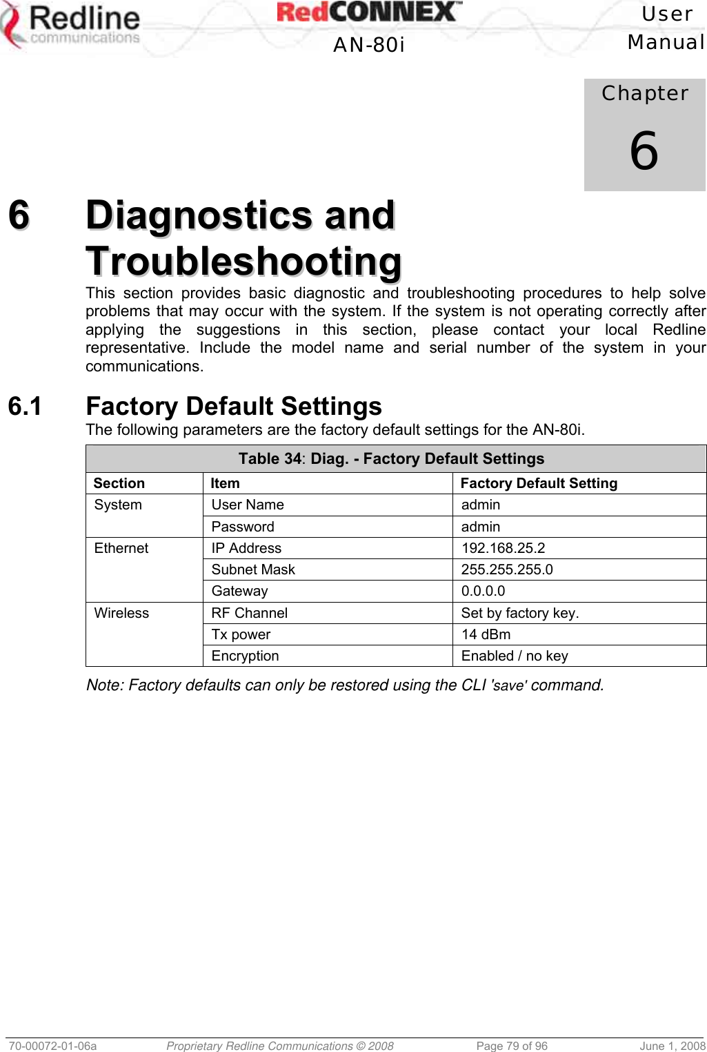 User AN-80i Manual 70-00072-01-06a Proprietary Redline Communications © 2008 Page 79 of 96 June 1, 2008 Chapter 6 66 DDiiaaggnnoossttiiccss aanndd TTrroouubblleesshhoooottiinngg This section provides basic diagnostic and troubleshooting procedures to help solve problems that may occur with the system. If the system is not operating correctly after applying the suggestions in this section, please contact your local Redline representative. Include the model name and serial number of the system in your communications. 6.1 Factory Default Settings The following parameters are the factory default settings for the AN-80i. Table 34: Diag. - Factory Default Settings Section Item Factory Default Setting System User Name admin Password admin Ethernet IP Address 192.168.25.2 Subnet Mask 255.255.255.0 Gateway 0.0.0.0 Wireless RF Channel Set by factory key. Tx power 14 dBm Encryption Enabled / no key Note: Factory defaults can only be restored using the CLI 'save' command.