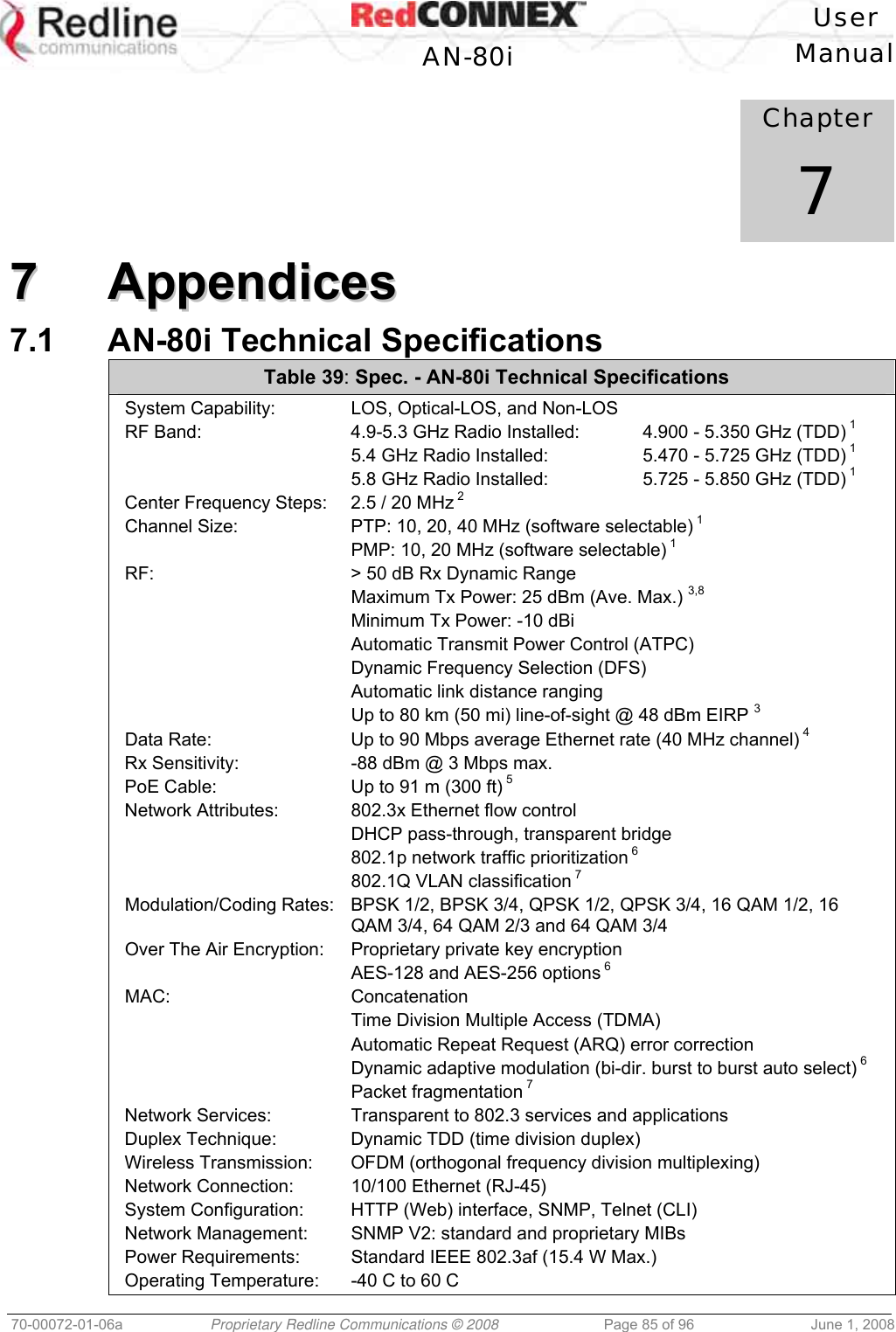 User AN-80i Manual 70-00072-01-06a Proprietary Redline Communications © 2008 Page 85 of 96 June 1, 2008 Chapter 7 77 AAppppeennddiicceess 7.1 AN-80i Technical Specifications Table 39: Spec. - AN-80i Technical Specifications System Capability: LOS, Optical-LOS, and Non-LOS RF Band: 4.9-5.3 GHz Radio Installed: 4.900 - 5.350 GHz (TDD) 1 5.4 GHz Radio Installed: 5.470 - 5.725 GHz (TDD) 1 5.8 GHz Radio Installed: 5.725 - 5.850 GHz (TDD) 1 Center Frequency Steps: 2.5 / 20 MHz 2 Channel Size: PTP: 10, 20, 40 MHz (software selectable) 1 PMP: 10, 20 MHz (software selectable) 1 RF: > 50 dB Rx Dynamic Range Maximum Tx Power: 25 dBm (Ave. Max.) 3,8 Minimum Tx Power: -10 dBi Automatic Transmit Power Control (ATPC) Dynamic Frequency Selection (DFS) Automatic link distance ranging Up to 80 km (50 mi) line-of-sight @ 48 dBm EIRP 3 Data Rate: Up to 90 Mbps average Ethernet rate (40 MHz channel) 4 Rx Sensitivity: -88 dBm @ 3 Mbps max. PoE Cable: Up to 91 m (300 ft) 5 Network Attributes: 802.3x Ethernet flow control DHCP pass-through, transparent bridge 802.1p network traffic prioritization 6 802.1Q VLAN classification 7 Modulation/Coding Rates: BPSK 1/2, BPSK 3/4, QPSK 1/2, QPSK 3/4, 16 QAM 1/2, 16 QAM 3/4, 64 QAM 2/3 and 64 QAM 3/4 Over The Air Encryption: Proprietary private key encryption AES-128 and AES-256 options 6 MAC: Concatenation Time Division Multiple Access (TDMA) Automatic Repeat Request (ARQ) error correction Dynamic adaptive modulation (bi-dir. burst to burst auto select) 6 Packet fragmentation 7 Network Services: Transparent to 802.3 services and applications Duplex Technique: Dynamic TDD (time division duplex) Wireless Transmission: OFDM (orthogonal frequency division multiplexing) Network Connection: 10/100 Ethernet (RJ-45) System Configuration: HTTP (Web) interface, SNMP, Telnet (CLI) Network Management: SNMP V2: standard and proprietary MIBs Power Requirements: Standard IEEE 802.3af (15.4 W Max.) Operating Temperature: -40 C to 60 C