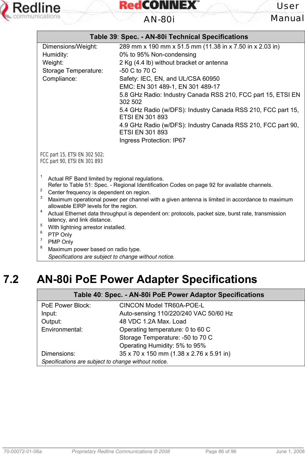 User AN-80i Manual 70-00072-01-06a Proprietary Redline Communications © 2008 Page 86 of 96 June 1, 2008 Table 39: Spec. - AN-80i Technical Specifications Dimensions/Weight: 289 mm x 190 mm x 51.5 mm (11.38 in x 7.50 in x 2.03 in) Humidity: 0% to 95% Non-condensing Weight: 2 Kg (4.4 lb) without bracket or antenna Storage Temperature: -50 C to 70 C Compliance: Safety: IEC, EN, and UL/CSA 60950 EMC: EN 301 489-1, EN 301 489-17 5.8 GHz Radio: Industry Canada RSS 210, FCC part 15, ETSI EN 302 502 5.4 GHz Radio (w/DFS): Industry Canada RSS 210, FCC part 15, ETSI EN 301 893 4.9 GHz Radio (w/DFS): Industry Canada RSS 210, FCC part 90, ETSI EN 301 893 Ingress Protection: IP67 FCC part 15, ETSI EN 302 502; FCC part 90, ETSI EN 301 893 1 Actual RF Band limited by regional regulations. Refer to Table 51: Spec. - Regional Identification Codes on page 92 for available channels. 2 Center frequency is dependent on region. 3 Maximum operational power per channel with a given antenna is limited in accordance to maximum allowable EIRP levels for the region. 4 Actual Ethernet data throughput is dependent on: protocols, packet size, burst rate, transmission latency, and link distance. 5 With lightning arrestor installed. 6 PTP Only 7 PMP Only 8 Maximum power based on radio type. Specifications are subject to change without notice. 7.2 AN-80i PoE Power Adapter Specifications Table 40: Spec. - AN-80i PoE Power Adaptor Specifications PoE Power Block: CINCON Model TR60A-POE-L Input: Auto-sensing 110/220/240 VAC 50/60 Hz Output: 48 VDC 1.2A Max. Load Environmental: Operating temperature: 0 to 60 C Storage Temperature: -50 to 70 C Operating Humidity: 5% to 95% Dimensions: 35 x 70 x 150 mm (1.38 x 2.76 x 5.91 in) Specifications are subject to change without notice.