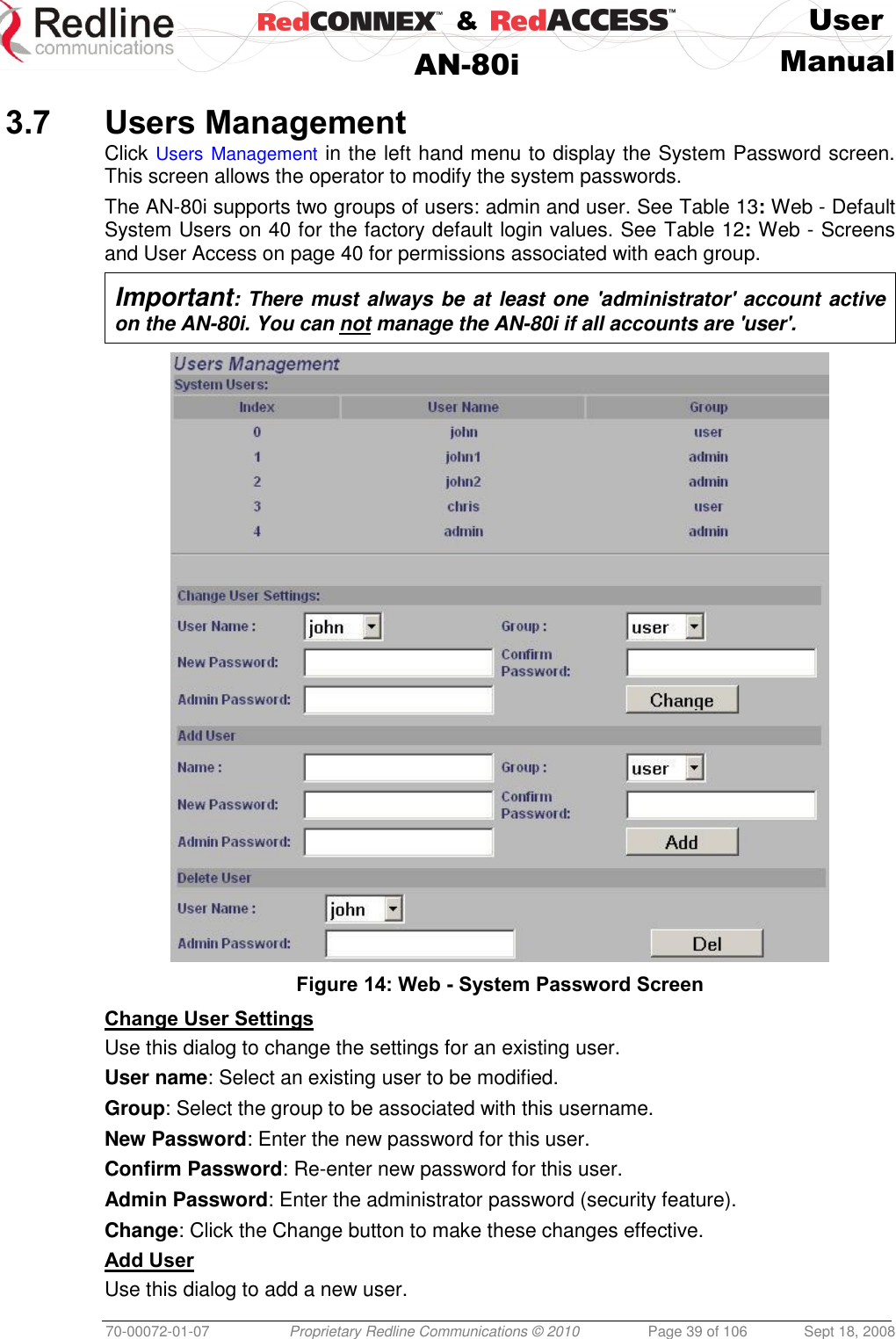    &amp;  User  AN-80i Manual  70-00072-01-07 Proprietary Redline Communications © 2010  Page 39 of 106  Sept 18, 2008  3.7 Users Management Click Users Management in the left hand menu to display the System Password screen. This screen allows the operator to modify the system passwords. The AN-80i supports two groups of users: admin and user. See Table 13: Web - Default System Users on 40 for the factory default login values. See Table 12: Web - Screens and User Access on page 40 for permissions associated with each group.   Important: There must always be at least one &apos;administrator&apos; account active on the AN-80i. You can not manage the AN-80i if all accounts are &apos;user&apos;.   Figure 14: Web - System Password Screen Change User Settings Use this dialog to change the settings for an existing user. User name: Select an existing user to be modified.  Group: Select the group to be associated with this username. New Password: Enter the new password for this user. Confirm Password: Re-enter new password for this user. Admin Password: Enter the administrator password (security feature). Change: Click the Change button to make these changes effective. Add User Use this dialog to add a new user. 