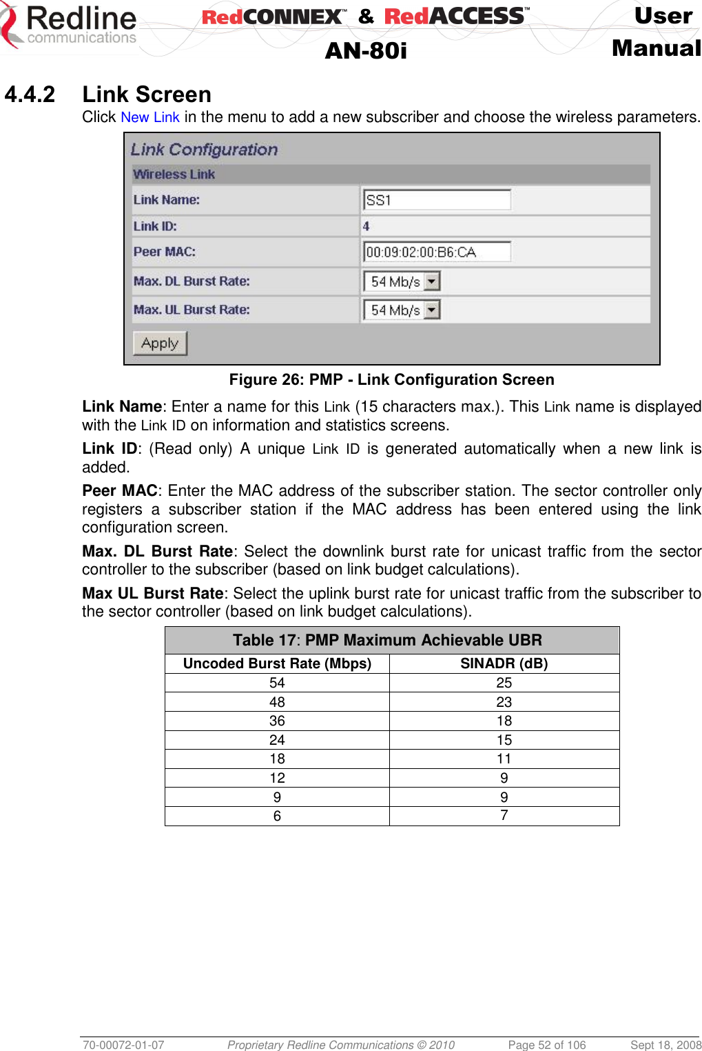    &amp;  User  AN-80i Manual  70-00072-01-07 Proprietary Redline Communications © 2010  Page 52 of 106  Sept 18, 2008  4.4.2 Link Screen Click New Link in the menu to add a new subscriber and choose the wireless parameters.  Figure 26: PMP - Link Configuration Screen  Link Name: Enter a name for this Link (15 characters max.). This Link name is displayed with the Link ID on information and statistics screens. Link  ID:  (Read  only)  A  unique  Link ID  is  generated  automatically  when a  new  link  is added. Peer MAC: Enter the MAC address of the subscriber station. The sector controller only registers  a  subscriber  station  if  the  MAC  address  has  been  entered  using  the  link configuration screen. Max. DL Burst Rate: Select the downlink burst rate for  unicast traffic from the sector controller to the subscriber (based on link budget calculations). Max UL Burst Rate: Select the uplink burst rate for unicast traffic from the subscriber to the sector controller (based on link budget calculations). Table 17: PMP Maximum Achievable UBR Uncoded Burst Rate (Mbps) SINADR (dB) 54 25 48 23 36 18 24 15 18 11 12 9 9 9 6 7 