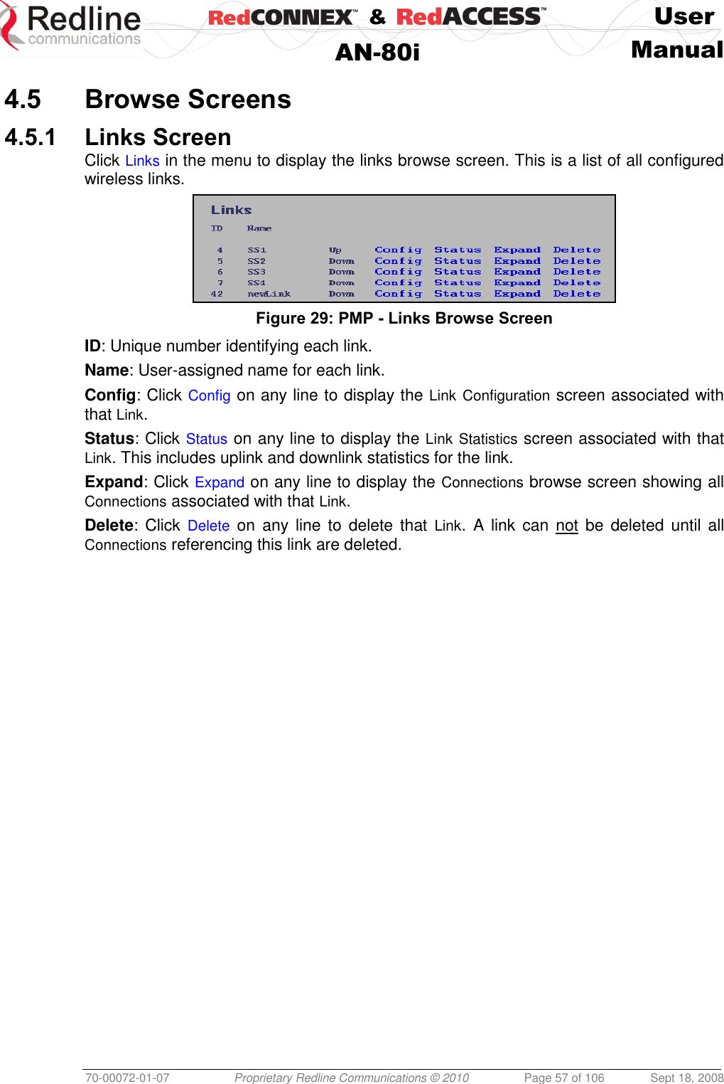    &amp;  User  AN-80i Manual  70-00072-01-07 Proprietary Redline Communications © 2010  Page 57 of 106  Sept 18, 2008  4.5 Browse Screens 4.5.1 Links Screen Click Links in the menu to display the links browse screen. This is a list of all configured wireless links.  Figure 29: PMP - Links Browse Screen ID: Unique number identifying each link. Name: User-assigned name for each link. Config: Click Config on any line to display the Link Configuration screen associated with that Link. Status: Click Status on any line to display the Link Statistics screen associated with that Link. This includes uplink and downlink statistics for the link. Expand: Click Expand on any line to display the Connections browse screen showing all Connections associated with that Link. Delete: Click Delete on  any  line to delete that  Link.  A link  can  not  be deleted until  all Connections referencing this link are deleted. 