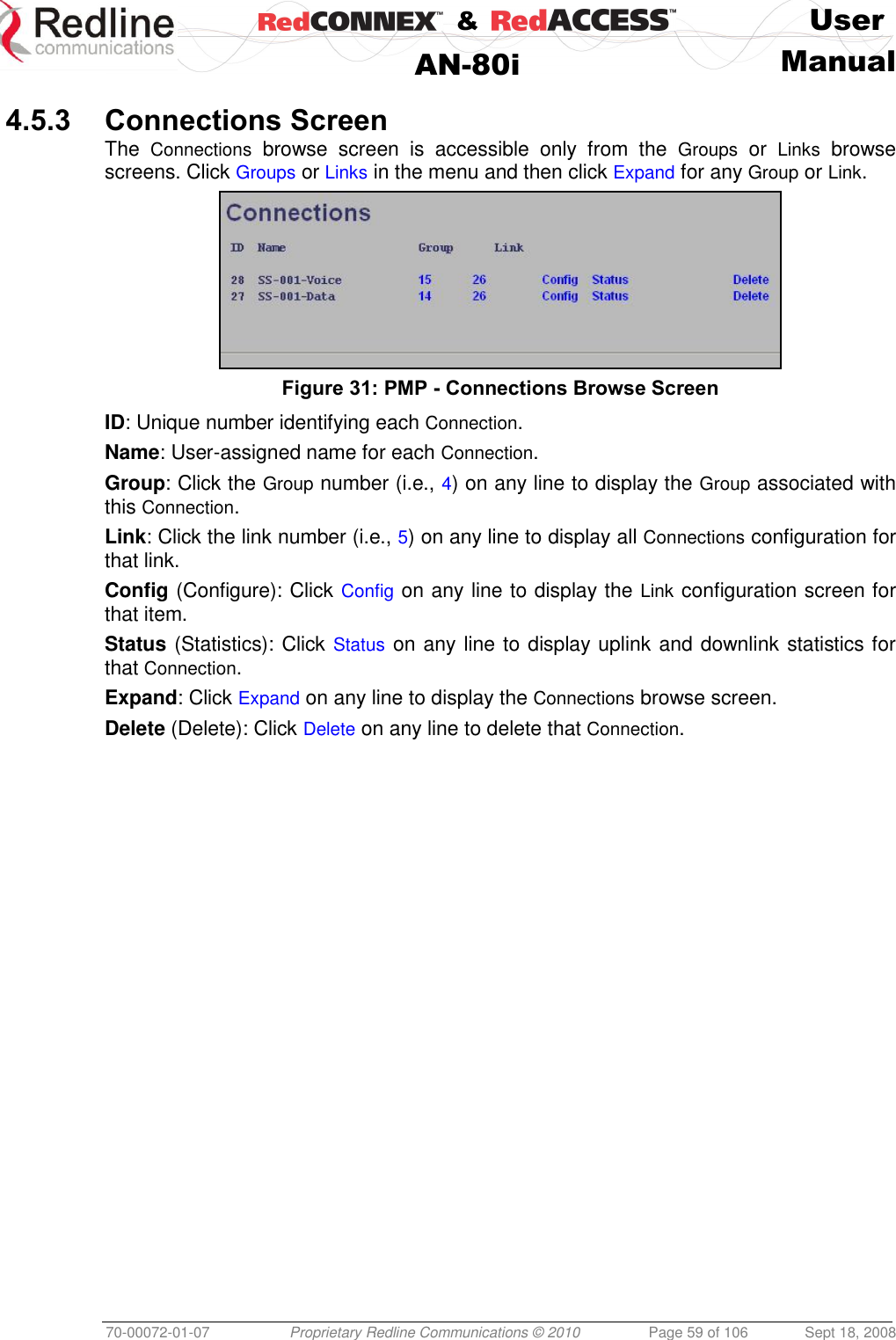    &amp;  User  AN-80i Manual  70-00072-01-07 Proprietary Redline Communications © 2010  Page 59 of 106  Sept 18, 2008  4.5.3 Connections Screen The  Connections  browse  screen  is  accessible  only  from  the  Groups  or  Links  browse screens. Click Groups or Links in the menu and then click Expand for any Group or Link.  Figure 31: PMP - Connections Browse Screen ID: Unique number identifying each Connection. Name: User-assigned name for each Connection. Group: Click the Group number (i.e., 4) on any line to display the Group associated with this Connection. Link: Click the link number (i.e., 5) on any line to display all Connections configuration for that link. Config (Configure): Click Config on any line to display the Link configuration screen for that item. Status (Statistics): Click Status on any line to display uplink and downlink statistics for that Connection. Expand: Click Expand on any line to display the Connections browse screen. Delete (Delete): Click Delete on any line to delete that Connection. 