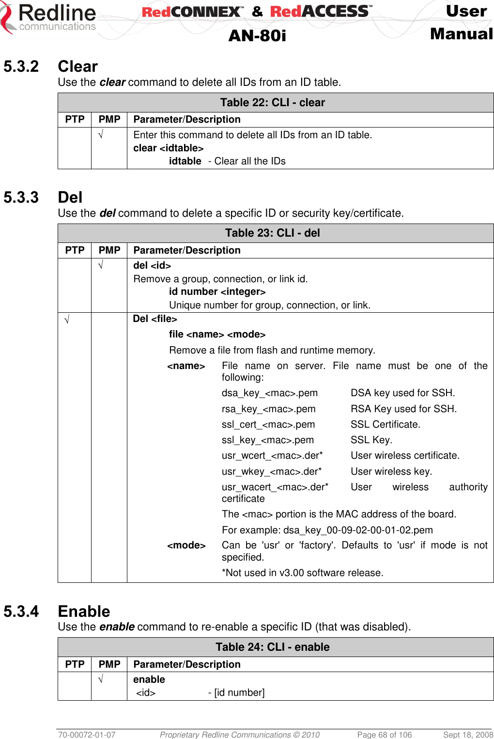    &amp;  User  AN-80i Manual  70-00072-01-07 Proprietary Redline Communications © 2010  Page 68 of 106  Sept 18, 2008  5.3.2 Clear Use the clear command to delete all IDs from an ID table. Table 22: CLI - clear PTP PMP Parameter/Description  √ Enter this command to delete all IDs from an ID table. clear &lt;idtable&gt;  idtable  - Clear all the IDs  5.3.3 Del Use the del command to delete a specific ID or security key/certificate. Table 23: CLI - del PTP PMP Parameter/Description  √ del &lt;id&gt; Remove a group, connection, or link id.  id number &lt;integer&gt;   Unique number for group, connection, or link. √  Del &lt;file&gt;   file &lt;name&gt; &lt;mode&gt;    Remove a file from flash and runtime memory. &lt;name&gt;  File  name  on  server.  File  name  must  be  one  of  the following: dsa_key_&lt;mac&gt;.pem  DSA key used for SSH. rsa_key_&lt;mac&gt;.pem  RSA Key used for SSH. ssl_cert_&lt;mac&gt;.pem  SSL Certificate. ssl_key_&lt;mac&gt;.pem  SSL Key. usr_wcert_&lt;mac&gt;.der*  User wireless certificate. usr_wkey_&lt;mac&gt;.der*  User wireless key. usr_wacert_&lt;mac&gt;.der*  User  wireless  authority certificate The &lt;mac&gt; portion is the MAC address of the board. For example: dsa_key_00-09-02-00-01-02.pem &lt;mode&gt;  Can  be  &apos;usr&apos;  or  &apos;factory&apos;.  Defaults  to  &apos;usr&apos;  if  mode  is  not specified.   *Not used in v3.00 software release.  5.3.4 Enable Use the enable command to re-enable a specific ID (that was disabled). Table 24: CLI - enable PTP PMP Parameter/Description  √ enable  &lt;id&gt;     - [id number]   