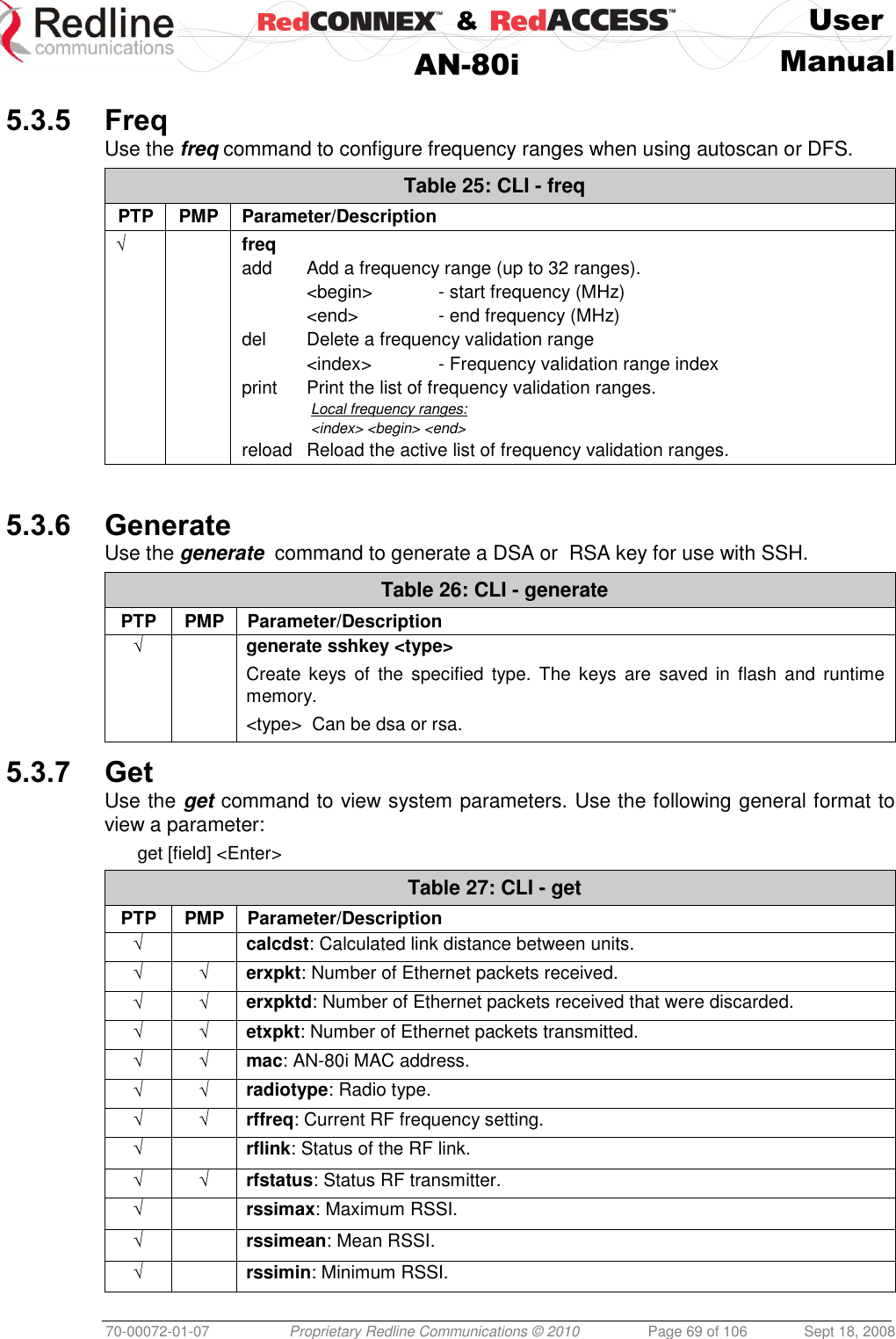    &amp;  User  AN-80i Manual  70-00072-01-07 Proprietary Redline Communications © 2010  Page 69 of 106  Sept 18, 2008  5.3.5 Freq Use the freq command to configure frequency ranges when using autoscan or DFS. Table 25: CLI - freq PTP PMP Parameter/Description √  freq add  Add a frequency range (up to 32 ranges).   &lt;begin&gt;  - start frequency (MHz)   &lt;end&gt;    - end frequency (MHz) del  Delete a frequency validation range   &lt;index&gt;   - Frequency validation range index print  Print the list of frequency validation ranges.    Local frequency ranges:    &lt;index&gt; &lt;begin&gt; &lt;end&gt; reload  Reload the active list of frequency validation ranges.   5.3.6 Generate Use the generate  command to generate a DSA or  RSA key for use with SSH. Table 26: CLI - generate PTP PMP Parameter/Description √  generate sshkey &lt;type&gt; Create  keys  of  the specified  type.  The  keys  are  saved  in flash  and  runtime memory. &lt;type&gt;  Can be dsa or rsa.  5.3.7 Get Use the get command to view system parameters. Use the following general format to view a parameter: get [field] &lt;Enter&gt; Table 27: CLI - get PTP PMP Parameter/Description √  calcdst: Calculated link distance between units. √ √ erxpkt: Number of Ethernet packets received. √ √ erxpktd: Number of Ethernet packets received that were discarded. √ √ etxpkt: Number of Ethernet packets transmitted. √ √ mac: AN-80i MAC address. √ √ radiotype: Radio type. √ √ rffreq: Current RF frequency setting. √  rflink: Status of the RF link. √ √ rfstatus: Status RF transmitter. √  rssimax: Maximum RSSI. √  rssimean: Mean RSSI. √  rssimin: Minimum RSSI. 