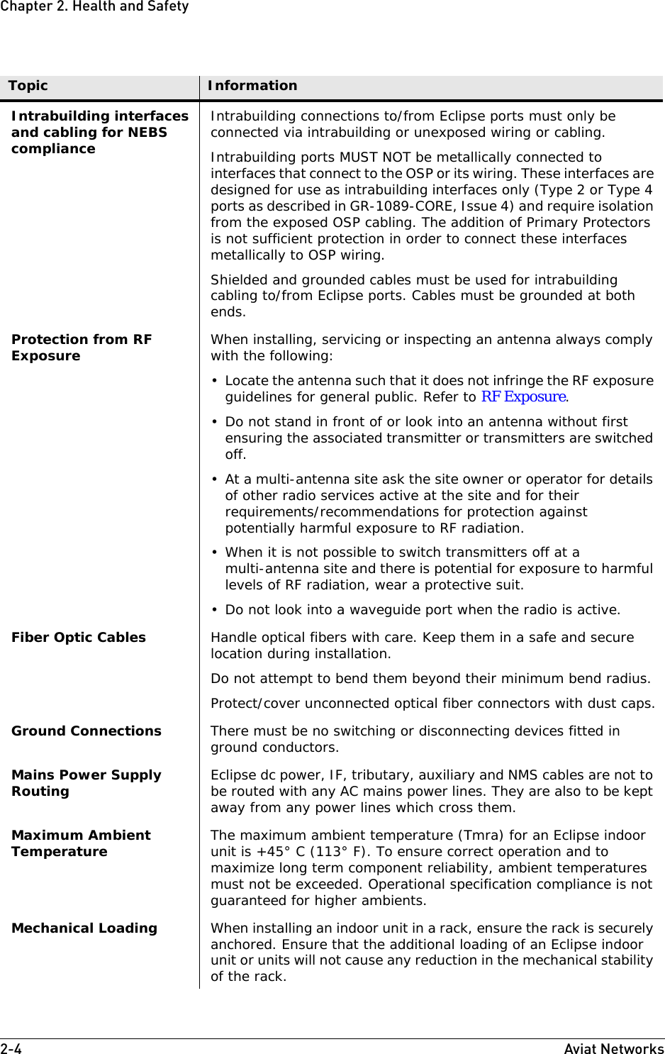 2-4 Aviat NetworksChapter2. Health and SafetyIntrabuilding interfaces and cabling for NEBS complianceIntrabuilding connections to/from Eclipse ports must only be connected via intrabuilding or unexposed wiring or cabling.Intrabuilding ports MUST NOT be metallically connected to interfaces that connect to the OSP or its wiring. These interfaces are designed for use as intrabuilding interfaces only (Type 2 or Type 4 ports as described in GR-1089-CORE, Issue 4) and require isolation from the exposed OSP cabling. The addition of Primary Protectors is not sufficient protection in order to connect these interfaces metallically to OSP wiring.Shielded and grounded cables must be used for intrabuilding cabling to/from Eclipse ports. Cables must be grounded at both ends.Protection from RF Exposure When installing, servicing or inspecting an antenna always comply with the following:• Locate the antenna such that it does not infringe the RF exposure guidelines for general public. Refer to RF Exposure.• Do not stand in front of or look into an antenna without first ensuring the associated transmitter or transmitters are switched off. • At a multi-antenna site ask the site owner or operator for details of other radio services active at the site and for their requirements/recommendations for protection against potentially harmful exposure to RF radiation.• When it is not possible to switch transmitters off at a multi-antenna site and there is potential for exposure to harmful levels of RF radiation, wear a protective suit.• Do not look into a waveguide port when the radio is active.Fiber Optic Cables Handle optical fibers with care. Keep them in a safe and secure location during installation. Do not attempt to bend them beyond their minimum bend radius.Protect/cover unconnected optical fiber connectors with dust caps.Ground Connections There must be no switching or disconnecting devices fitted in ground conductors.Mains Power Supply Routing  Eclipse dc power, IF, tributary, auxiliary and NMS cables are not to be routed with any AC mains power lines. They are also to be kept away from any power lines which cross them. Maximum Ambient Temperature The maximum ambient temperature (Tmra) for an Eclipse indoor unit is +45° C (113° F). To ensure correct operation and to maximize long term component reliability, ambient temperatures must not be exceeded. Operational specification compliance is not guaranteed for higher ambients.Mechanical Loading When installing an indoor unit in a rack, ensure the rack is securely anchored. Ensure that the additional loading of an Eclipse indoor unit or units will not cause any reduction in the mechanical stability of the rack.Topic Information