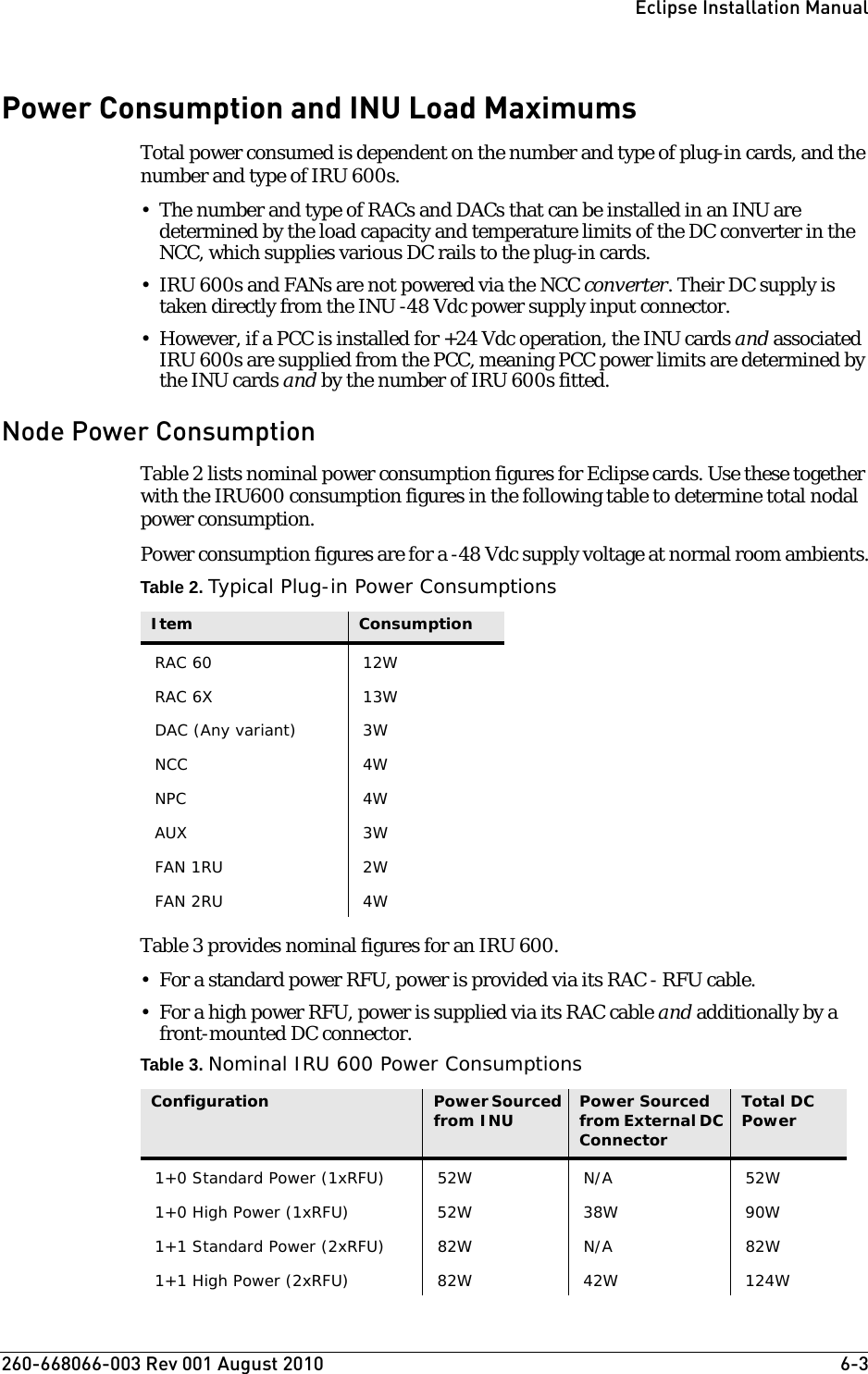 260-668066-003 Rev 001 August 2010  6-3Eclipse Installation ManualPower Consumption and INU Load MaximumsTotal power consumed is dependent on the number and type of plug-in cards, and the number and type of IRU 600s.• The number and type of RACs and DACs that can be installed in an INU are determined by the load capacity and temperature limits of the DC converter in the NCC, which supplies various DC rails to the plug-in cards. • IRU 600s and FANs are not powered via the NCC converter. Their DC supply is taken directly from the INU -48 Vdc power supply input connector.• However, if a PCC is installed for +24 Vdc operation, the INU cards and associated IRU 600s are supplied from the PCC, meaning PCC power limits are determined by the INU cards and by the number of IRU 600s fitted. Node Power ConsumptionTable 2 lists nominal power consumption figures for Eclipse cards. Use these together with the IRU600 consumption figures in the following table to determine total nodal power consumption. Power consumption figures are for a -48 Vdc supply voltage at normal room ambients.Table 2. Typical Plug-in Power ConsumptionsTable 3 provides nominal figures for an IRU 600.• For a standard power RFU, power is provided via its RAC - RFU cable.• For a high power RFU, power is supplied via its RAC cable and additionally by a front-mounted DC connector.Table 3. Nominal IRU 600 Power ConsumptionsItem ConsumptionRAC 60 12WRAC 6X 13WDAC (Any variant)  3WNCC 4WNPC 4WAUX 3WFAN 1RU 2WFAN 2RU 4WConfiguration Power Sourced from INU Power Sourced from External DC ConnectorTotal DC Power1+0 Standard Power (1xRFU) 52W N/A 52W1+0 High Power (1xRFU) 52W 38W 90W1+1 Standard Power (2xRFU) 82W N/A 82W1+1 High Power (2xRFU) 82W 42W 124W