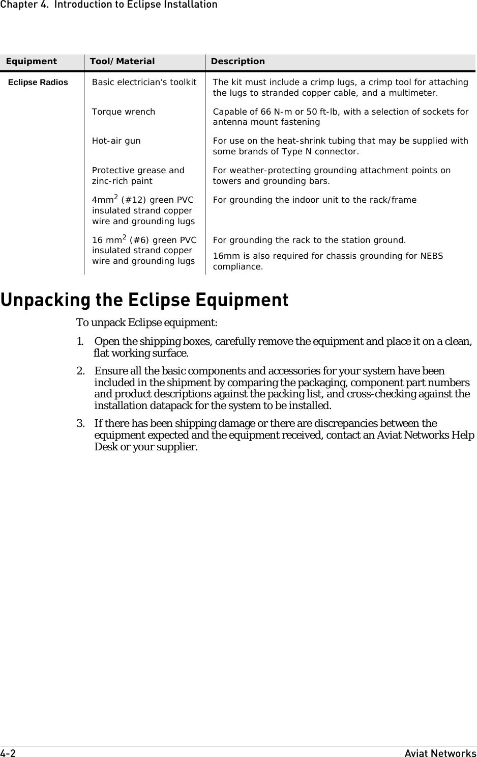 4-2 Aviat NetworksChapter 4.  Introduction to Eclipse InstallationUnpacking the Eclipse EquipmentTo unpack Eclipse equipment:1. Open the shipping boxes, carefully remove the equipment and place it on a clean, flat working surface.2. Ensure all the basic components and accessories for your system have been included in the shipment by comparing the packaging, component part numbers and product descriptions against the packing list, and cross-checking against the installation datapack for the system to be installed.3. If there has been shipping damage or there are discrepancies between the equipment expected and the equipment received, contact an Aviat Networks Help Desk or your supplier.Eclipse Radios Basic electrician’s toolkit The kit must include a crimp lugs, a crimp tool for attaching the lugs to stranded copper cable, and a multimeter.Torque wrench Capable of 66 N-m or 50 ft-lb, with a selection of sockets for antenna mount fasteningHot-air gun For use on the heat-shrink tubing that may be supplied with some brands of Type N connector.Protective grease and zinc-rich paint  For weather-protecting grounding attachment points on towers and grounding bars.4mm2 (#12) green PVC insulated strand copper wire and grounding lugsFor grounding the indoor unit to the rack/frame16 mm2 (#6) green PVC insulated strand copper wire and grounding lugsFor grounding the rack to the station ground. 16mm is also required for chassis grounding for NEBS compliance. Equipment Tool/Material Description