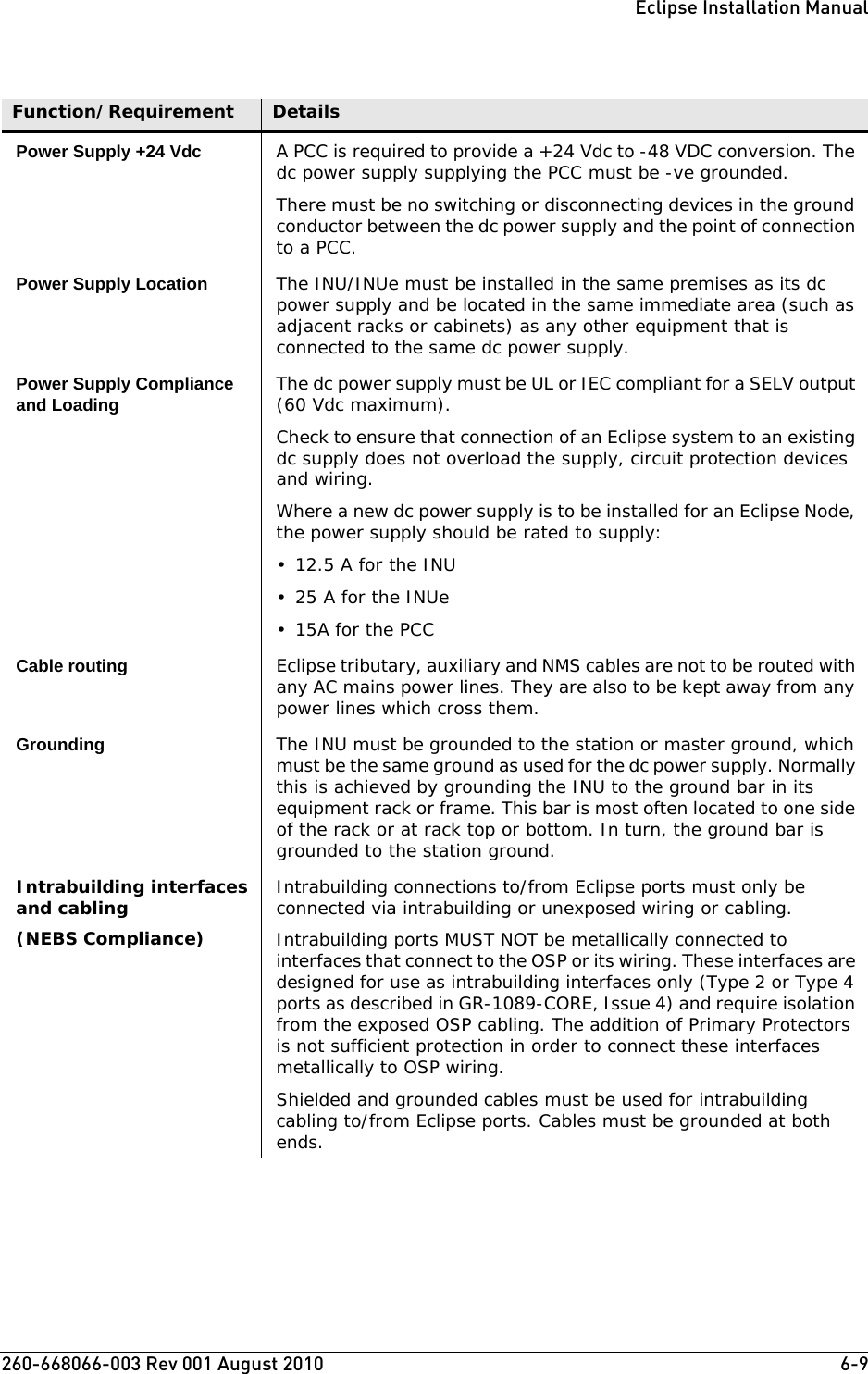 260-668066-003 Rev 001 August 2010  6-9Eclipse Installation ManualPower Supply +24 Vdc A PCC is required to provide a +24 Vdc to -48 VDC conversion. The dc power supply supplying the PCC must be -ve grounded.There must be no switching or disconnecting devices in the ground conductor between the dc power supply and the point of connection to a PCC.Power Supply Location The INU/INUe must be installed in the same premises as its dc power supply and be located in the same immediate area (such as adjacent racks or cabinets) as any other equipment that is connected to the same dc power supply.Power Supply Compliance and Loading The dc power supply must be UL or IEC compliant for a SELV output (60 Vdc maximum). Check to ensure that connection of an Eclipse system to an existing dc supply does not overload the supply, circuit protection devices and wiring. Where a new dc power supply is to be installed for an Eclipse Node, the power supply should be rated to supply:• 12.5 A for the INU•25A for the INUe•15A for the PCCCable routing Eclipse tributary, auxiliary and NMS cables are not to be routed with any AC mains power lines. They are also to be kept away from any power lines which cross them.Grounding The INU must be grounded to the station or master ground, which must be the same ground as used for the dc power supply. Normally this is achieved by grounding the INU to the ground bar in its equipment rack or frame. This bar is most often located to one side of the rack or at rack top or bottom. In turn, the ground bar is grounded to the station ground.Intrabuilding interfaces and cabling(NEBS Compliance)Intrabuilding connections to/from Eclipse ports must only be connected via intrabuilding or unexposed wiring or cabling.Intrabuilding ports MUST NOT be metallically connected to interfaces that connect to the OSP or its wiring. These interfaces are designed for use as intrabuilding interfaces only (Type 2 or Type 4 ports as described in GR-1089-CORE, Issue 4) and require isolation from the exposed OSP cabling. The addition of Primary Protectors is not sufficient protection in order to connect these interfaces metallically to OSP wiring.Shielded and grounded cables must be used for intrabuilding cabling to/from Eclipse ports. Cables must be grounded at both ends.Function/Requirement Details
