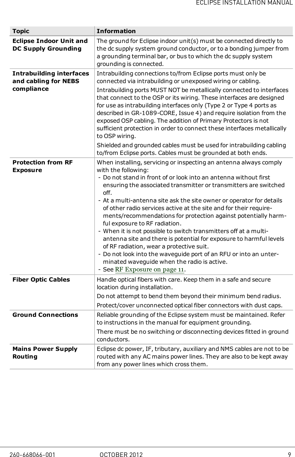 ECLIPSE INSTALLATION MANUALTopic InformationEclipse Indoor Unit andDC Supply GroundingThe ground for Eclipse indoor unit(s) must be connected directly tothe dc supply system ground conductor, or to a bonding jumper froma grounding terminal bar, or bus to which the dc supply systemgrounding is connected.Intrabuilding interfacesand cabling for NEBScomplianceIntrabuilding connections to/from Eclipse ports must only beconnected via intrabuilding or unexposed wiring or cabling.Intrabuilding ports MUST NOT be metallically connected to interfacesthat connect to the OSP or its wiring. These interfaces are designedfor use as intrabuilding interfaces only (Type 2 or Type 4 ports asdescribed in GR-1089-CORE, Issue 4) and require isolation from theexposed OSP cabling. The addition of Primary Protectors is notsufficient protection in order to connect these interfaces metallicallyto OSP wiring.Shielded and grounded cables must be used for intrabuilding cablingto/from Eclipse ports. Cables must be grounded at both ends.Protection from RFExposureWhen installing, servicing or inspecting an antenna always complywith the following:- Do not stand in front of or look into an antenna without firstensuring the associated transmitter or transmitters are switchedoff.- At a multi-antenna site ask the site owner or operator for detailsof other radio services active at the site and for their require-ments/recommendations for protection against potentially harm-ful exposure to RF radiation.- When it is not possible to switch transmitters off at a multi-antenna site and there is potential for exposure to harmful levelsof RF radiation, wear a protective suit.- Do not look into the waveguide port of an RFU or into an unter-minated waveguide when the radio is active.- See RF Exposure on page 11.Fiber Optic Cables Handle optical fibers with care. Keep them in a safe and securelocation during installation.Do not attempt to bend them beyond their minimum bend radius.Protect/cover unconnected optical fiber connectors with dust caps.Ground Connections Reliable grounding of the Eclipse system must be maintained. Referto instructions in the manual for equipment grounding.There must be no switching or disconnecting devices fitted in groundconductors.Mains Power SupplyRoutingEclipse dc power, IF, tributary, auxiliary and NMS cables are not to berouted with any AC mains power lines. They are also to be kept awayfrom any power lines which cross them.260-668066-001 OCTOBER 2012 9