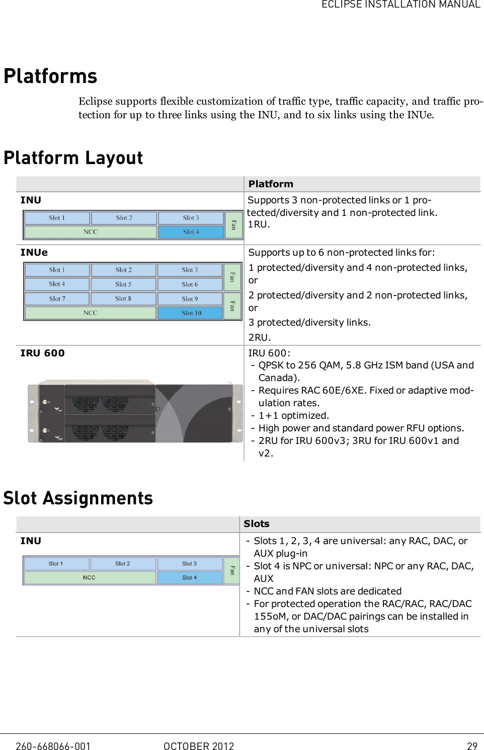 ECLIPSE INSTALLATION MANUALPlatformsEclipse supports flexible customization of traffic type, traffic capacity, and traffic pro-tection for up to three links using the INU, and to six links using the INUe.Platform LayoutPlatformINU Supports 3 non-protected links or 1 pro-tected/diversity and 1 non-protected link.1RU.INUe Supports up to 6 non-protected links for:1 protected/diversity and 4 non-protected links,or2 protected/diversity and 2 non-protected links,or3 protected/diversity links.2RU.IRU 600 IRU 600:- QPSK to 256 QAM, 5.8 GHz ISM band (USA andCanada).- Requires RAC 60E/6XE. Fixed or adaptive mod-ulation rates.- 1+1 optimized.- High power and standard power RFU options.- 2RU for IRU 600v3; 3RU for IRU 600v1 andv2.Slot AssignmentsSlotsINU - Slots 1, 2, 3, 4 are universal: any RAC, DAC, orAUX plug-in- Slot 4 is NPC or universal: NPC or any RAC, DAC,AUX- NCC and FAN slots are dedicated- For protected operation the RAC/RAC, RAC/DAC155oM, or DAC/DAC pairings can be installed inany of the universal slots260-668066-001 OCTOBER 2012 29