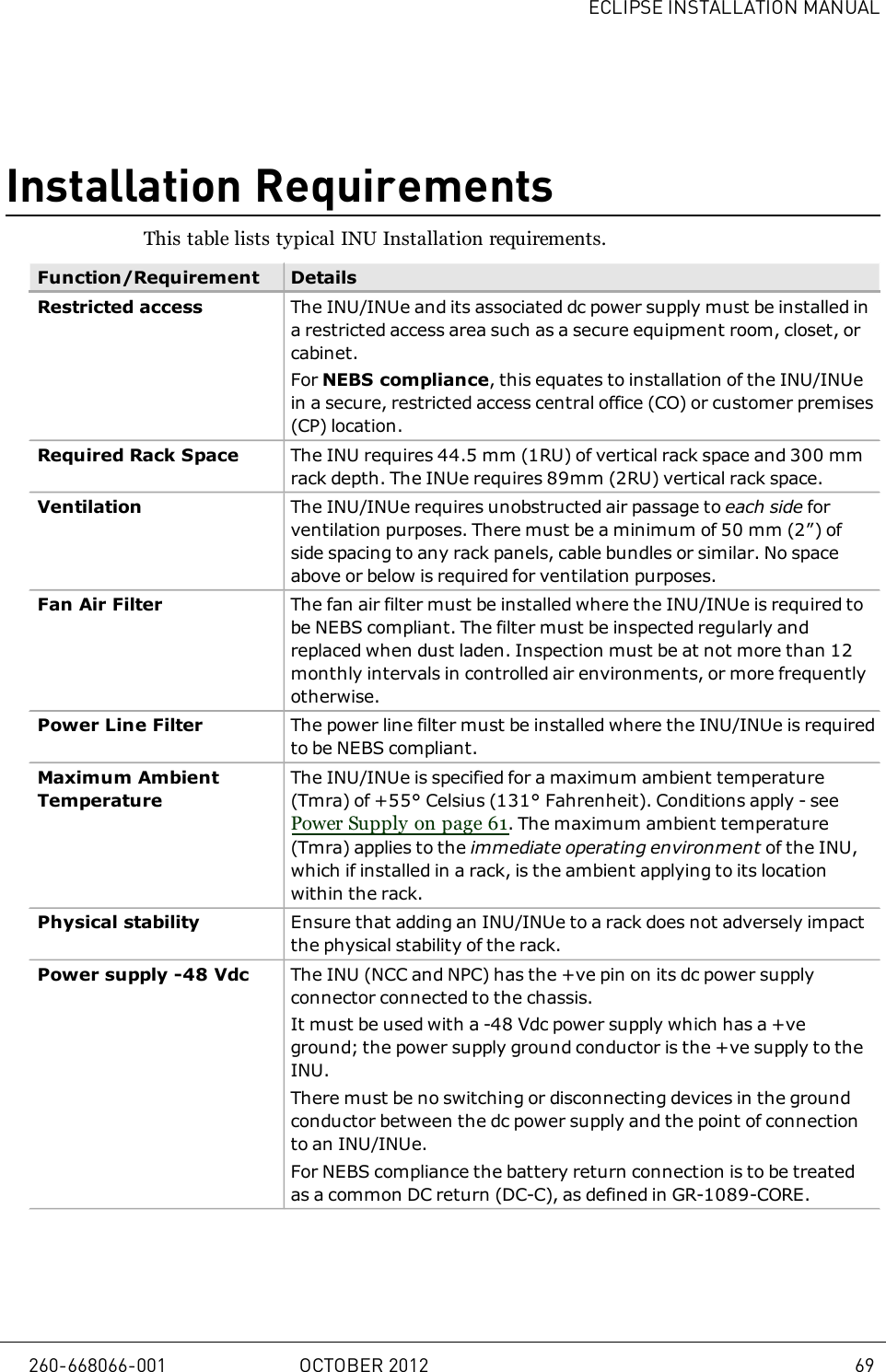 ECLIPSE INSTALLATION MANUALInstallation RequirementsThis table lists typical INU Installation requirements.Function/Requirement DetailsRestricted access The INU/INUe and its associated dc power supply must be installed ina restricted access area such as a secure equipment room, closet, orcabinet.For NEBS compliance, this equates to installation of the INU/INUein a secure, restricted access central office (CO) or customer premises(CP) location.Required Rack Space The INU requires 44.5mm (1RU) of vertical rack space and 300mmrack depth. The INUe requires 89mm (2RU) vertical rack space.Ventilation The INU/INUe requires unobstructed air passage to each side forventilation purposes. There must be a minimum of 50mm (2”) ofside spacing to any rack panels, cable bundles or similar. No spaceabove or below is required for ventilation purposes.Fan Air Filter The fan air filter must be installed where the INU/INUe is required tobe NEBS compliant. The filter must be inspected regularly andreplaced when dust laden. Inspection must be at not more than 12monthly intervals in controlled air environments, or more frequentlyotherwise.Power Line Filter The power line filter must be installed where the INU/INUe is requiredto be NEBS compliant.Maximum AmbientTemperatureThe INU/INUe is specified for a maximum ambient temperature(Tmra) of +55°Celsius (131° Fahrenheit). Conditions apply - seePower Supply on page 61. The maximum ambient temperature(Tmra) applies to the immediate operating environment of the INU,which if installed in a rack, is the ambient applying to its locationwithin the rack.Physical stability Ensure that adding an INU/INUe to a rack does not adversely impactthe physical stability of the rack.Power supply -48 Vdc The INU (NCC and NPC) has the +ve pin on its dc power supplyconnector connected to the chassis.It must be used with a -48Vdc power supply which has a +veground; the power supply ground conductor is the +ve supply to theINU.There must be no switching or disconnecting devices in the groundconductor between the dc power supply and the point of connectionto an INU/INUe.For NEBS compliance the battery return connection is to be treatedas a common DC return (DC-C), as defined in GR-1089-CORE.260-668066-001 OCTOBER 2012 69