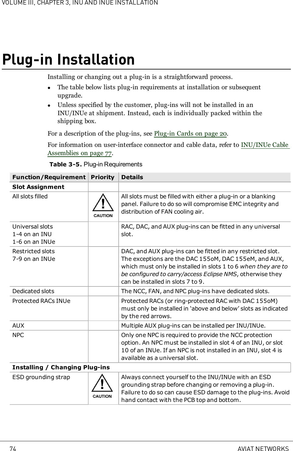 VOLUME III, CHAPTER 3, INU AND INUE INSTALLATIONPlug-in InstallationInstalling or changing out a plug-in is a straightforward process.lThe table below lists plug-in requirements at installation or subsequentupgrade.lUnless specified by the customer, plug-ins will not be installed in anINU/INUe at shipment. Instead, each is individually packed within theshipping box.For a description of the plug-ins, see Plug-in Cards on page 20.For information on user-interface connector and cable data, refer to INU/INUe CableAssemblies on page 77.Table 3-5. Plug-in RequirementsFunction/Requirement Priority DetailsSlot AssignmentAll slots filled All slots must be filled with either a plug-in or a blankingpanel. Failure to do so will compromise EMC integrity anddistribution of FAN cooling air.Universal slots1-4 on an INU1-6 on an INUeRAC, DAC, and AUX plug-ins can be fitted in any universalslot.Restricted slots7-9 on an INUeDAC, and AUX plug-ins can be fitted in any restricted slot.The exceptions are the DAC 155oM, DAC 155eM, and AUX,which must only be installed in slots 1 to 6 when they are tobe configured to carry/access Eclipse NMS, otherwise theycan be installed in slots 7 to 9.Dedicated slots The NCC, FAN, and NPC plug-ins have dedicated slots.Protected RACs INUe Protected RACs (or ring-protected RAC with DAC 155oM)must only be installed in ‘above and below’ slots as indicatedby the red arrows.AUX Multiple AUX plug-ins can be installed per INU/INUe.NPC Only one NPC is required to provide the NCC protectionoption. An NPC must be installed in slot 4 of an INU, or slot10 of an INUe. If an NPC is not installed in an INU, slot 4 isavailable as a universal slot.Installing / Changing Plug-insESD grounding strap Always connect yourself to the INU/INUe with an ESDgrounding strap before changing or removing a plug-in.Failure to do so can cause ESD damage to the plug-ins. Avoidhand contact with the PCB top and bottom.74 AVIAT NETWORKS